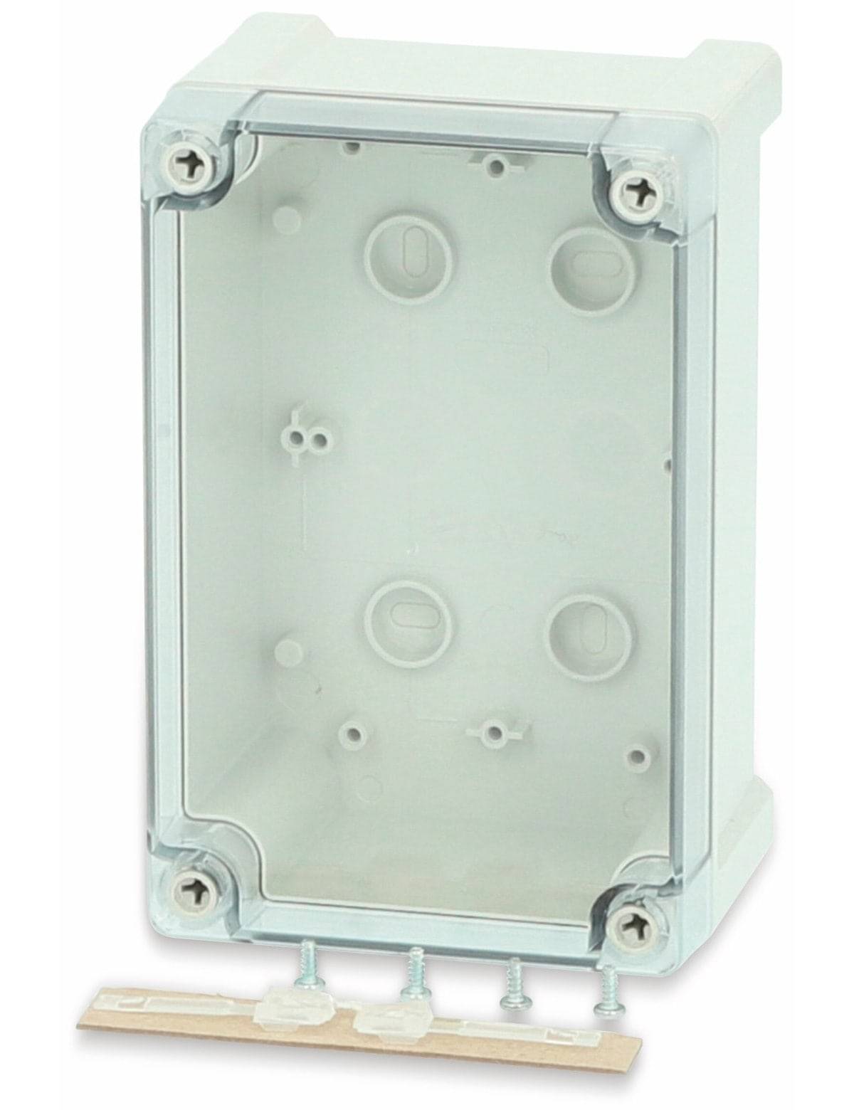 Eine transparente rechteckige Kunststoff-Elektro-Verteilerdose mit Schraumlöchern, konzipiert zum Gehäuse und Schutz von Elektroverbindungen im Innenbereich.