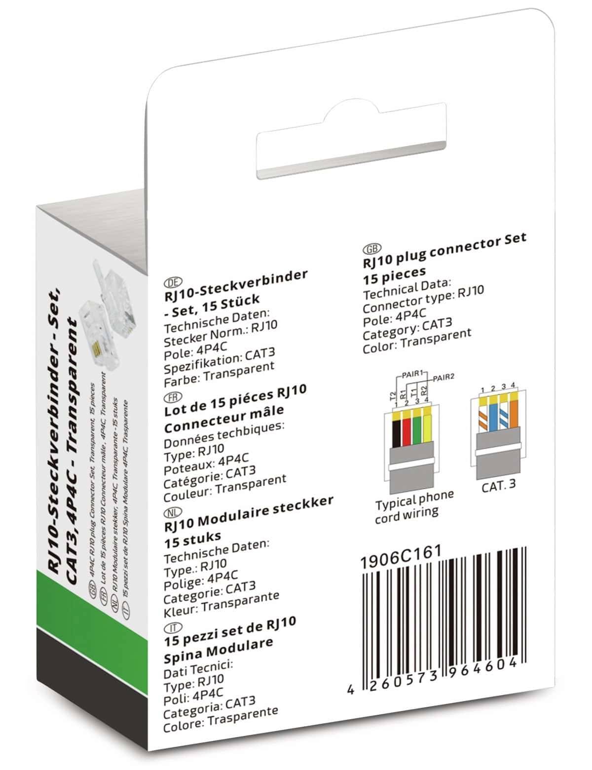 QUADRIOS Modularstecker-Set 1906C161, Polzahl 4P4C, ungeschirmt, 15 Stück