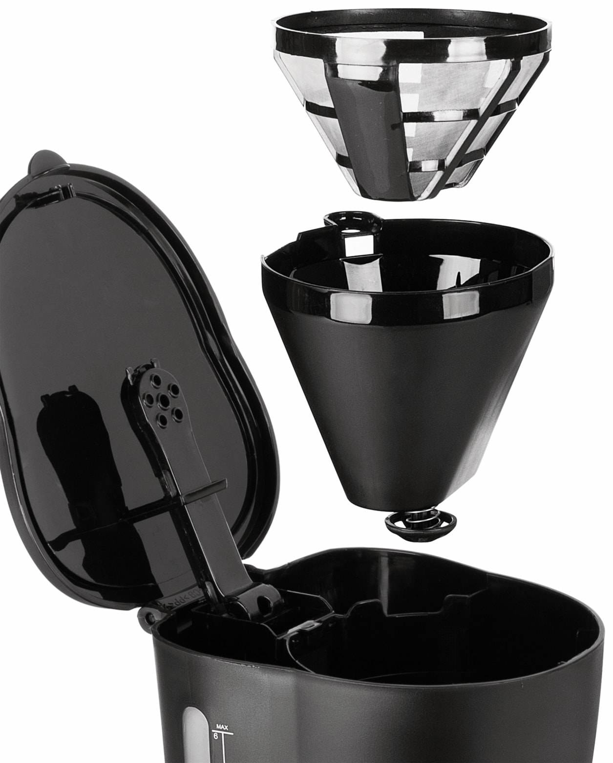 Kaffeemaschine mit geöffnetem Deckel und abgenommenem Filterkorb, der eine interne Haltedüse zeigt. Das Design ermöglicht einfache Reinigung und Zugang.