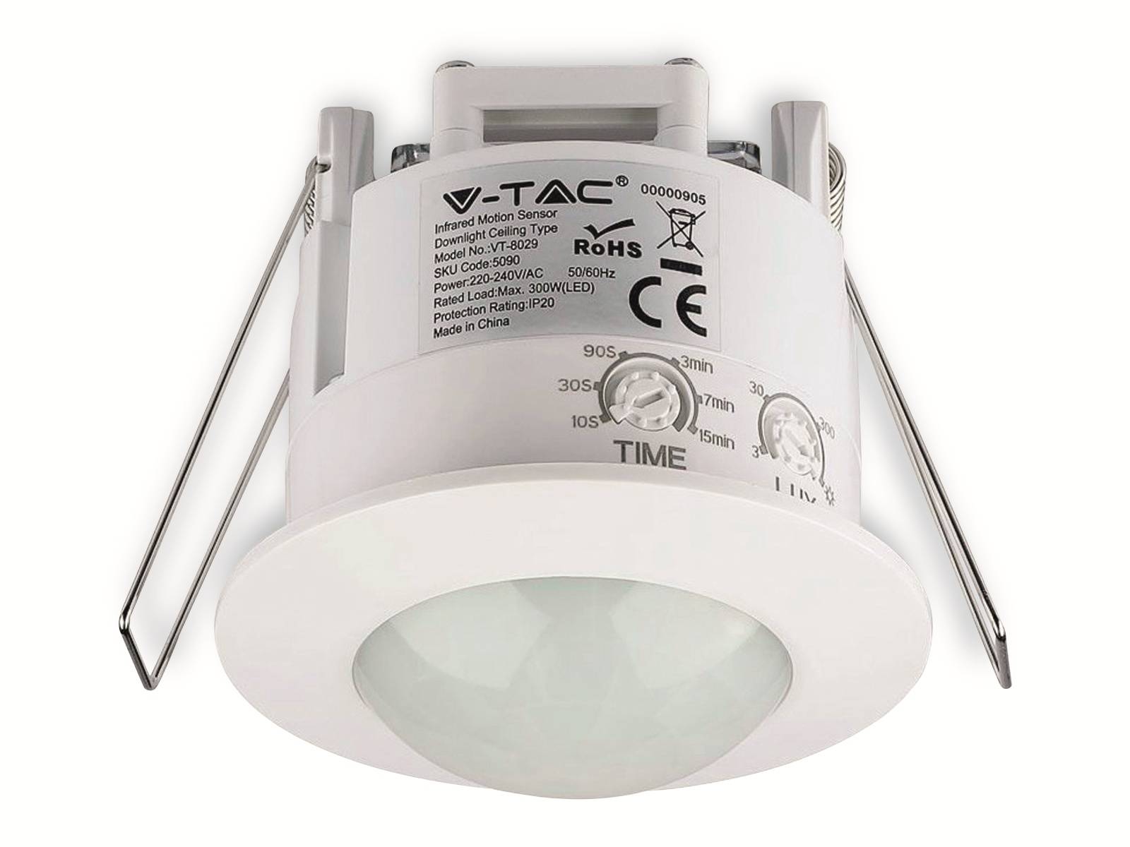 V-TAC Einbaubewegungsmelder VT-5090, 360°, IP20, weiß