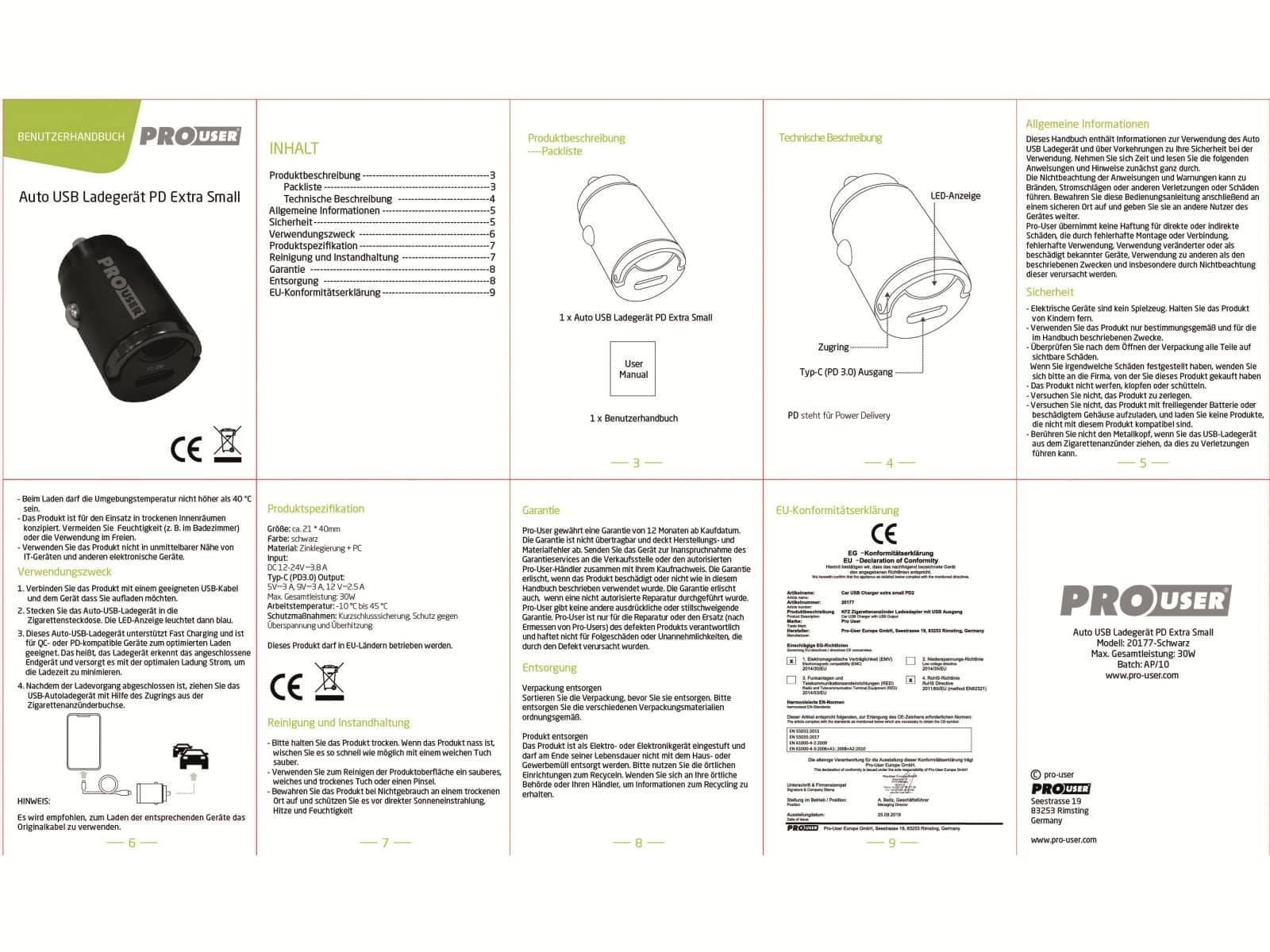 PROUSER Mini KFZ USB-Lader PD2, 30 W, USB-C