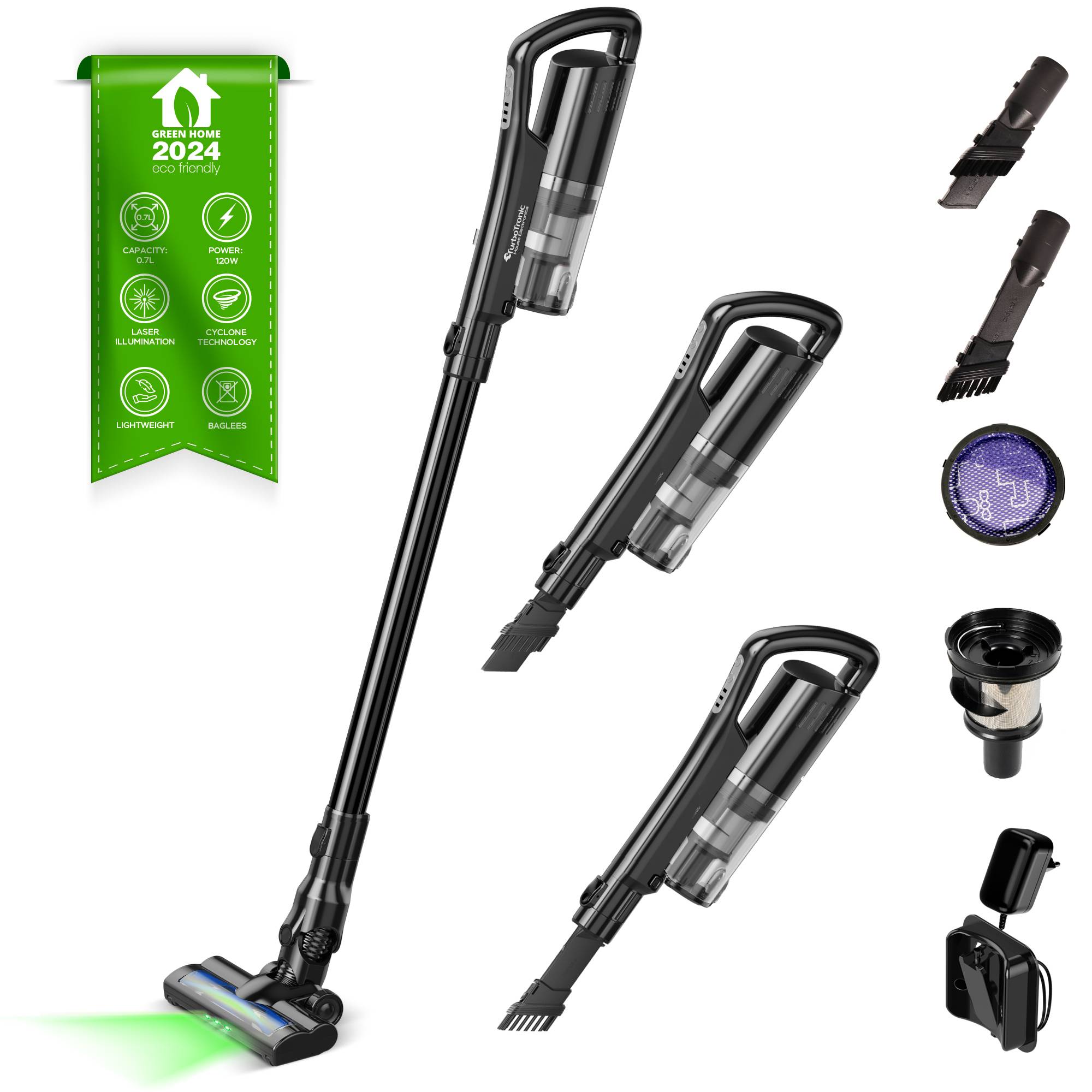 120 Watt TurboTronic 11 kpA mit Laser Stiel Kabellos Staubsauger & Handstaubsauger mit MIF Filter 11kPA, Zyklon Technologie Stabstaubsauger