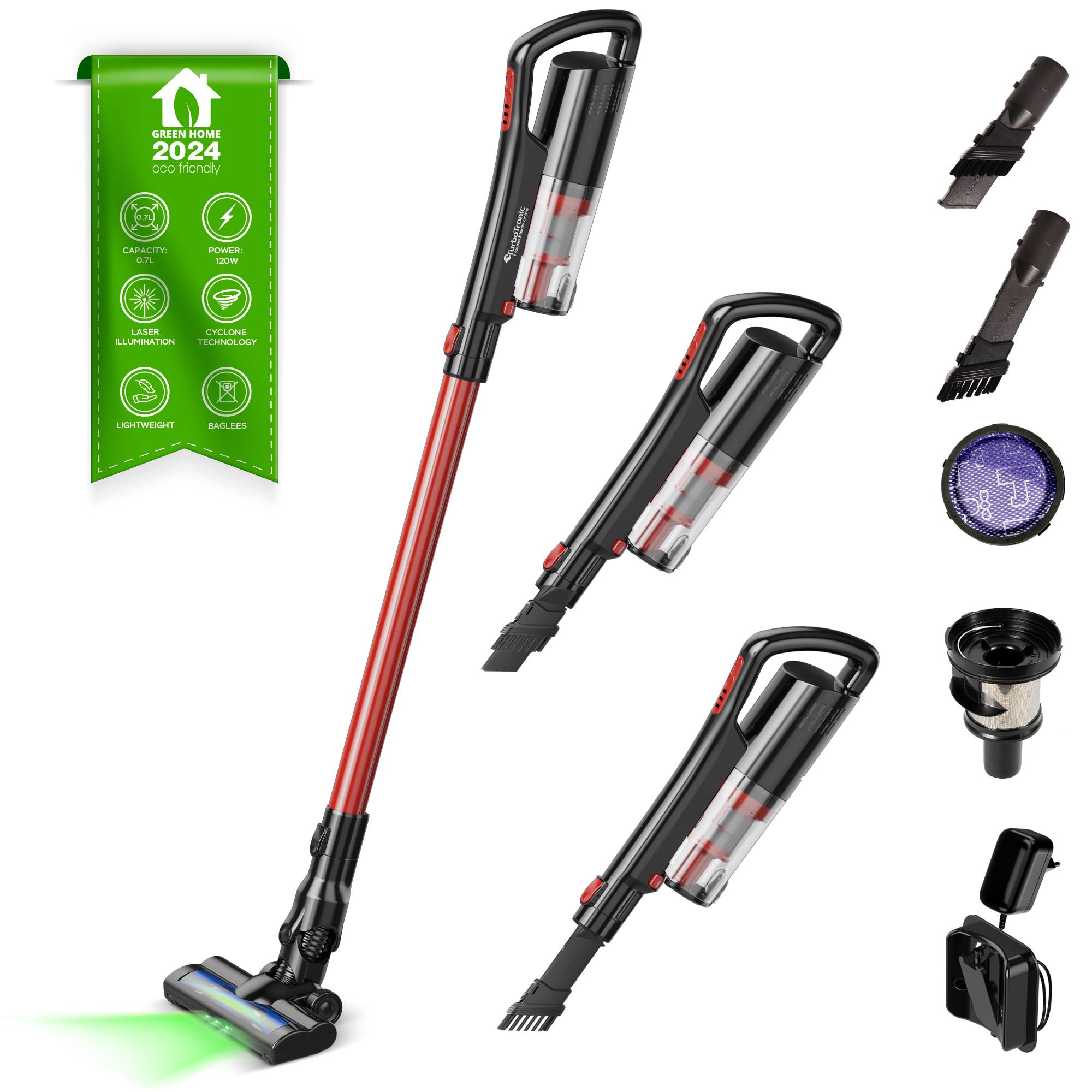 120 Watt TurboTronic 11 kpA mit Laser Stiel Kabellos Staubsauger & Handstaubsauger mit MIF Filter 11kPA, Zyklon Technologie Stabstaubsauger