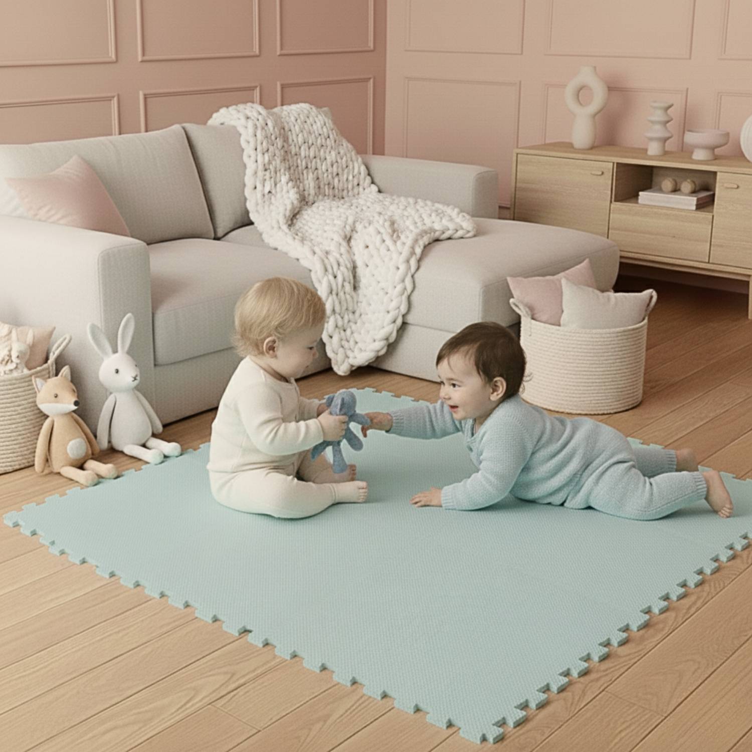 Zwei Kleinkinder auf einer blauen Spielmatte in einem Wohnzimmer, die mit Spielzeug beschäftigt sind. Der Raum verfügt über ein Sofa, einen Holzboden und Stofftiere.