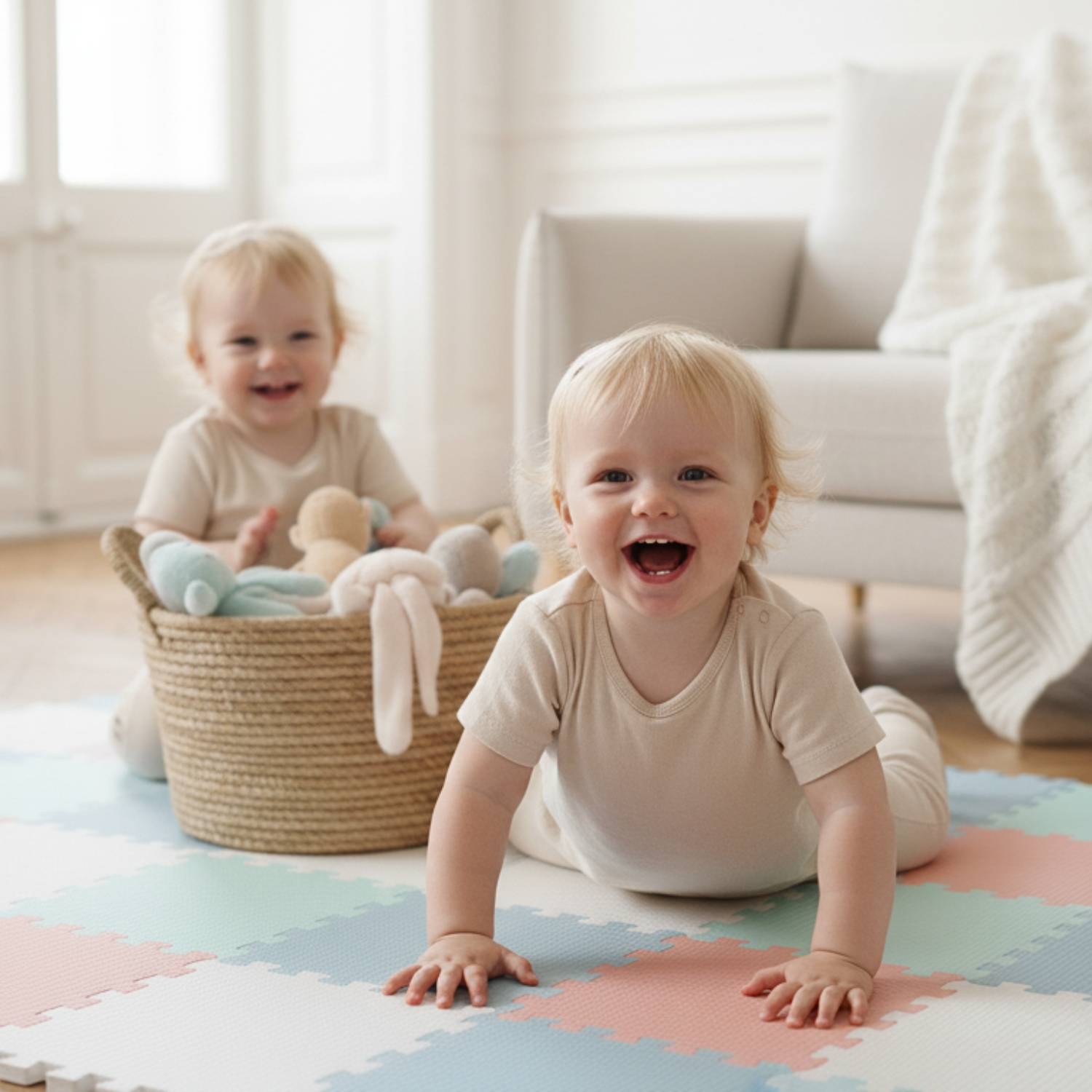 Zwei Kleinkinder sitzen auf einer weichen Spielmatte in einem hellen Raum. Eines spielt mit Spielzeugen in einem Korb, während das andere in die Kamera lächelt.