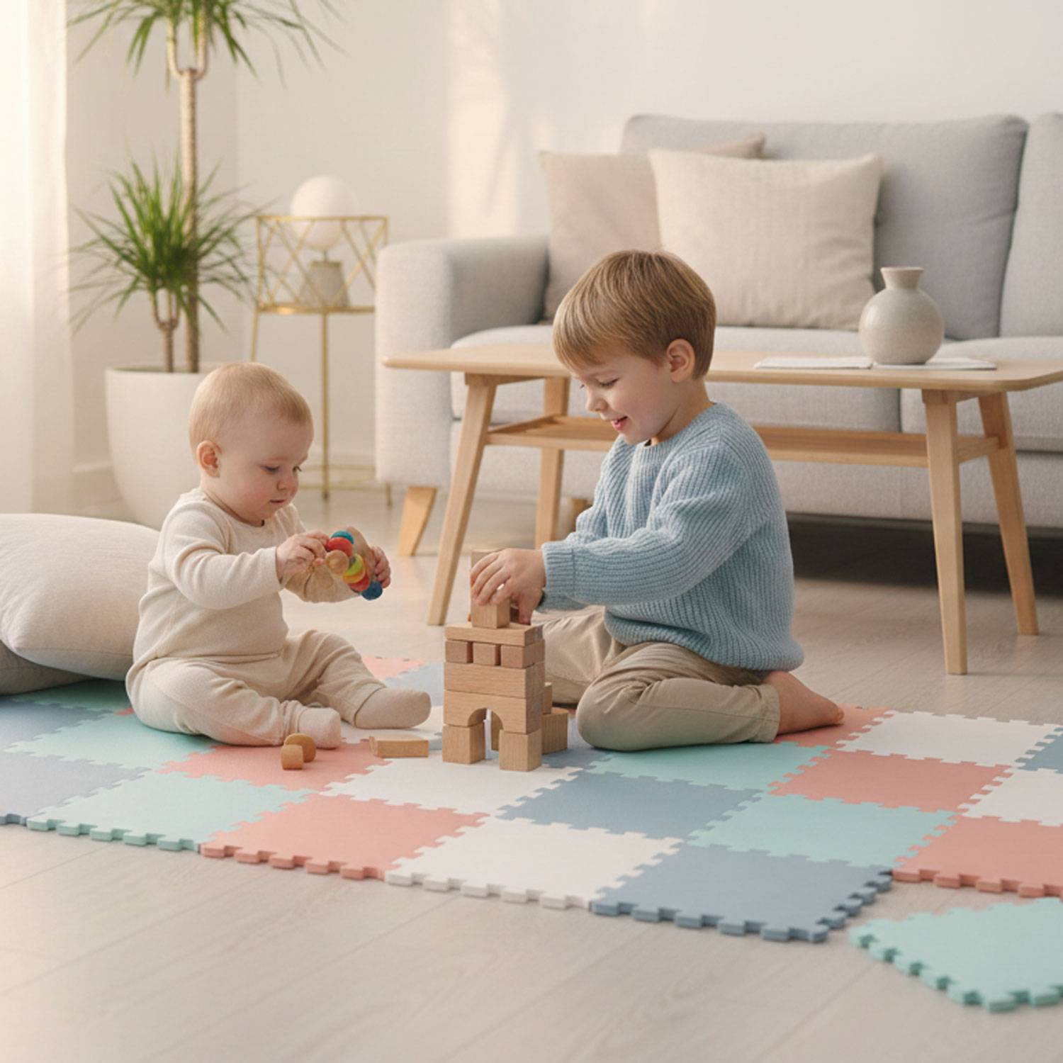 Zwei kleine Kinder sitzen auf bunten Schaumstoffmatten im Wohnzimmer und spielen mit Holzklötzen und Spielzeug. Gemütlicher, heller Raum mit einer Couch und Pflanzen.