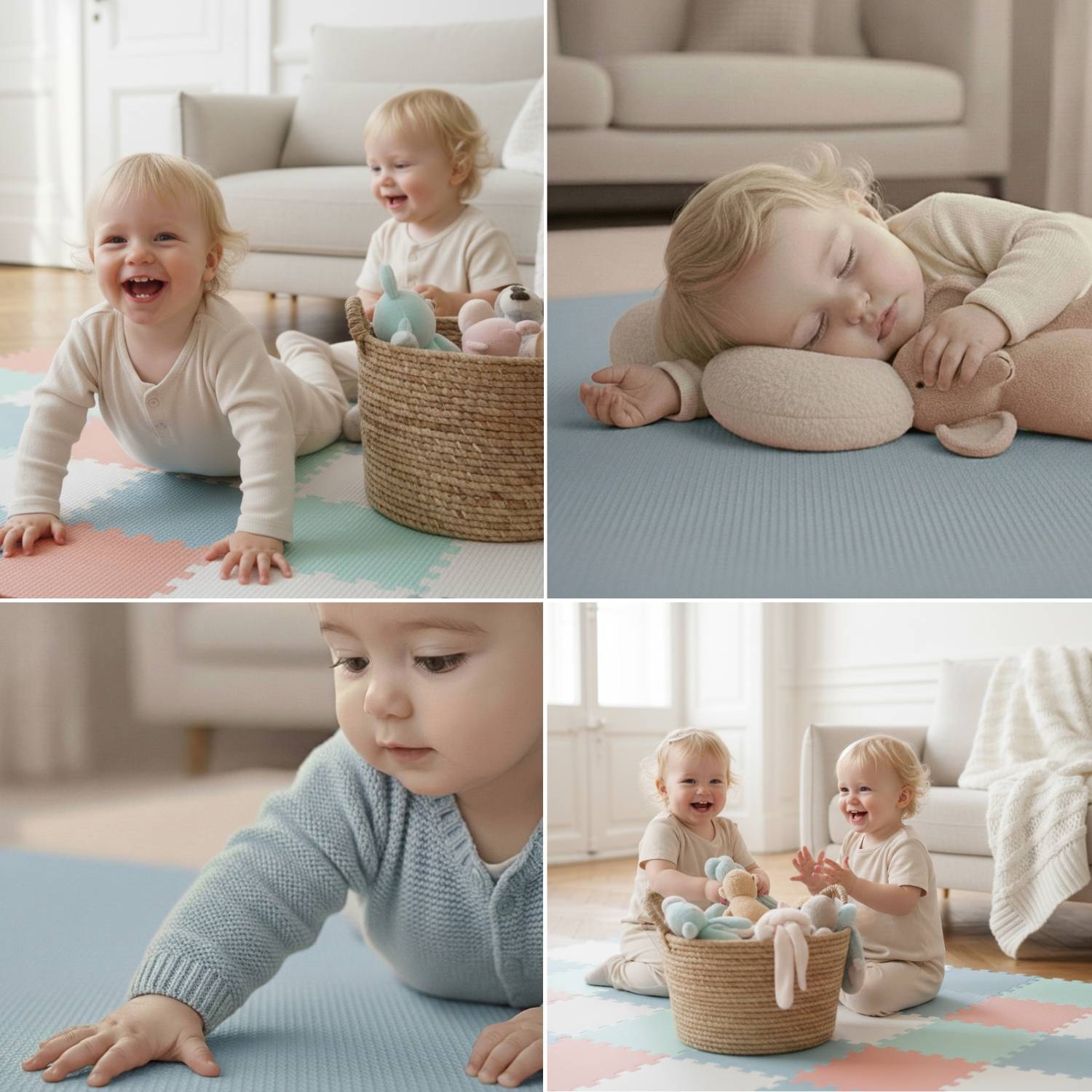 Zwei Kleinkinder spielen mit Spielzeugen und ruhen auf einer bunten Matte im Innenraum. Ein Kind schläft, während das andere aktiv und lächelnd ist.