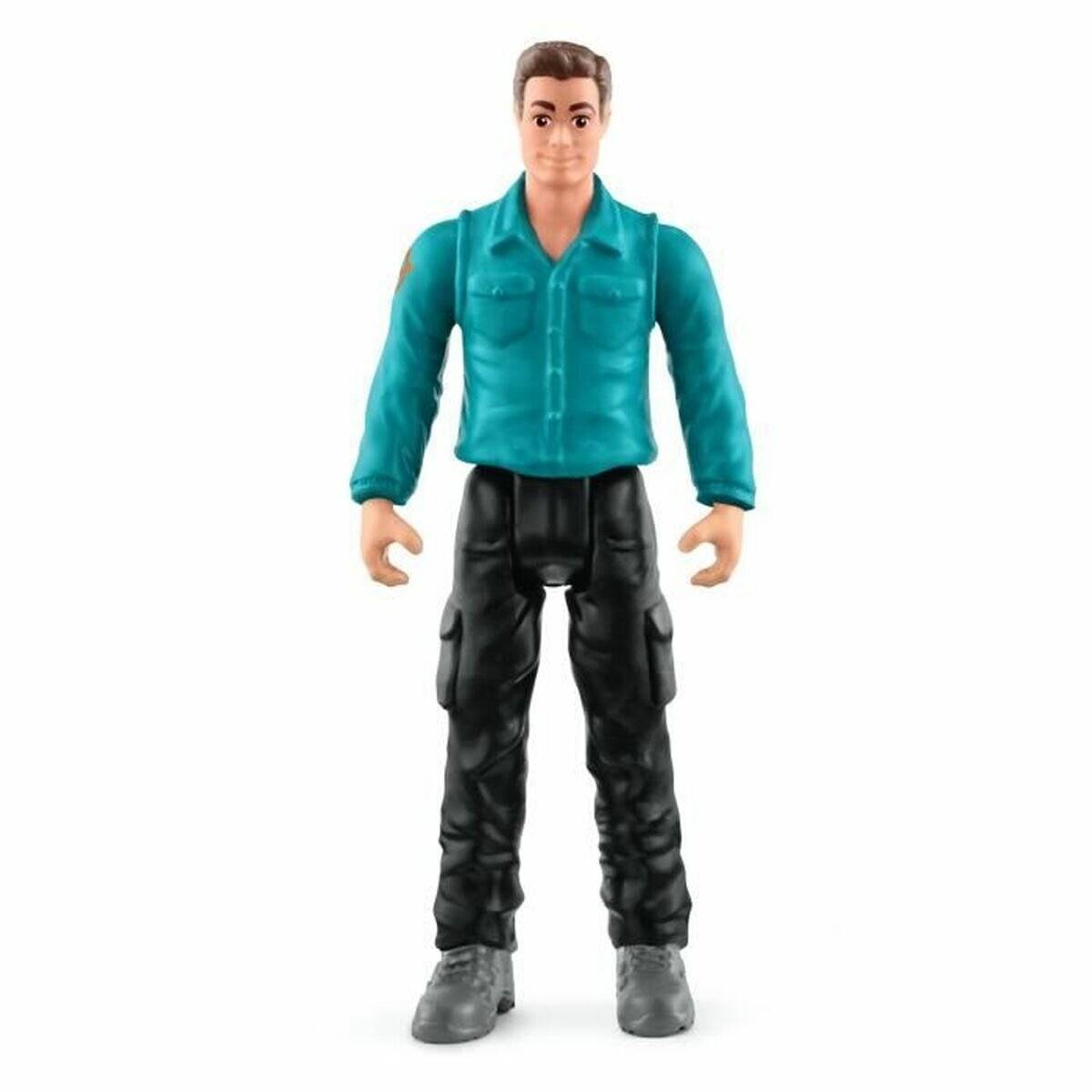 Eine stehende männliche Actionfigur, die ein blaugrünes Hemd, schwarze Cargohosen und graue Stiefel trägt, auf weißem Hintergrund.