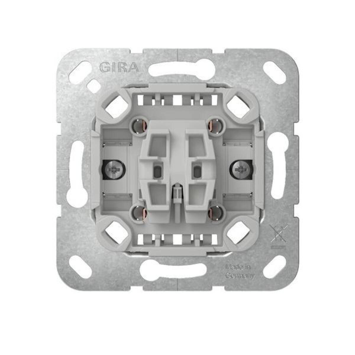 Metall-Elektro-Wandschalter-Mechanismus mit Montageplatte, Frontansicht auf weißem Hintergrund.