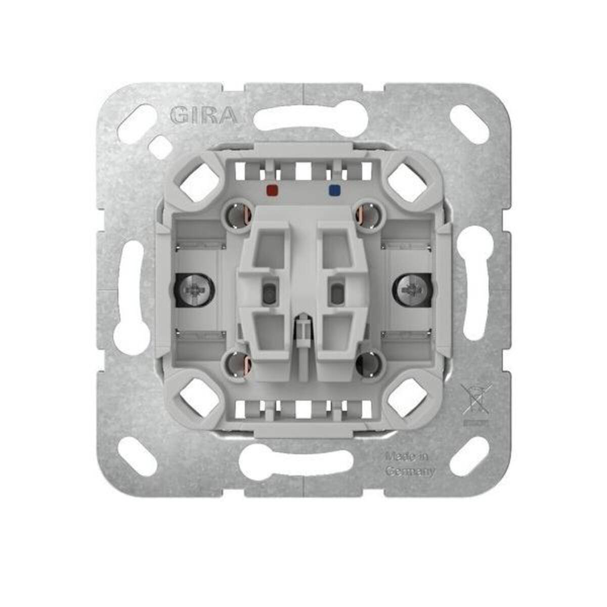GIRA Elektroschalter-Mechanismus für Wandschalter mit Metallmontageplatte und zentralen Anschlussklemmen, Vorderansicht auf weißem Hintergrund.