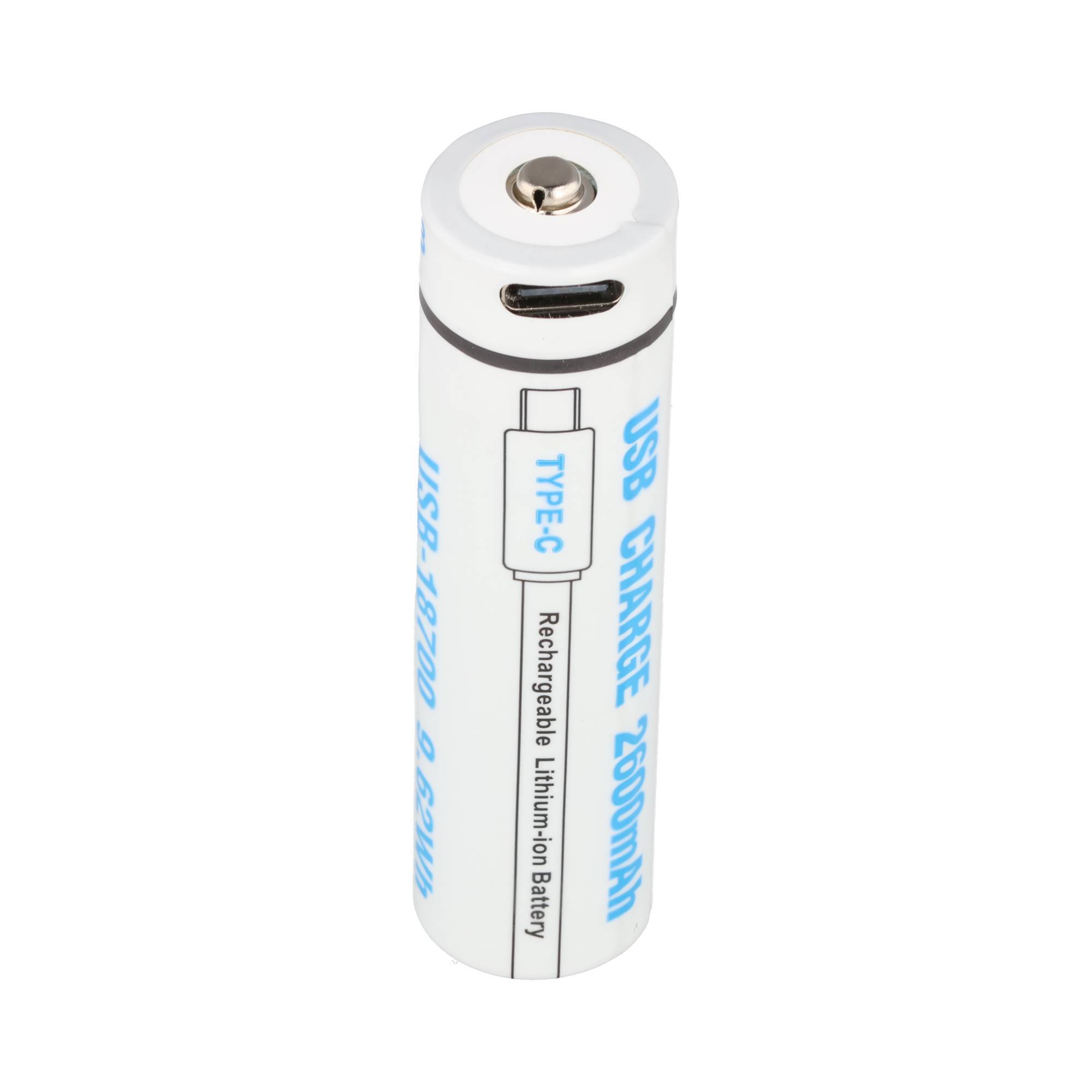 Ein aufladbarer Lithium-Ionen-Akku mit USB-Typ-C-Ladeanschluss, gekennzeichnet mit „USB Charge 2600mAh
