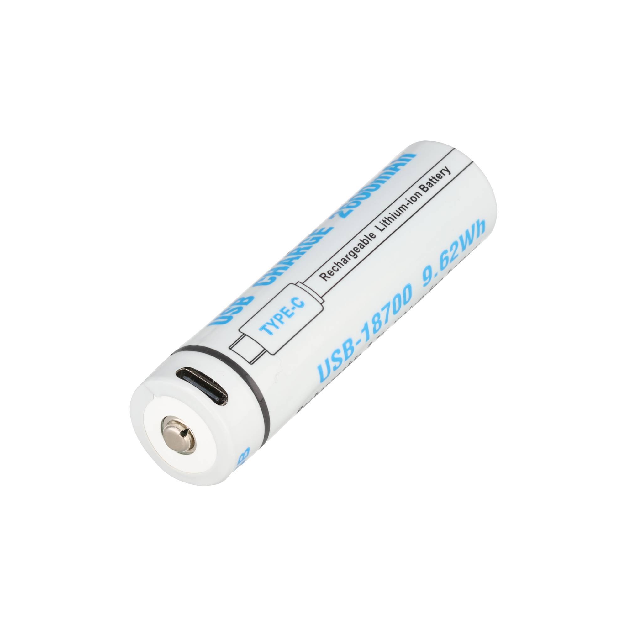 Ein wiederaufladbarer Lithium-Ionen-Akku mit der Bezeichnung USB-18700 9.62Wh mit USB-Typ-C-Ladeanschluss.