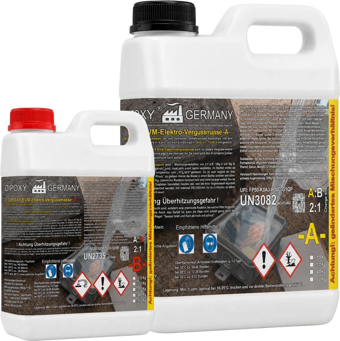 Elektrovergussmasse Epoxidharz IP68 & IP69 bis 1000 Volt 15kg Farblos (durchsichtig) wasserdicht für Abzweigdosen, Platinen, Kabelmuffen, usw.