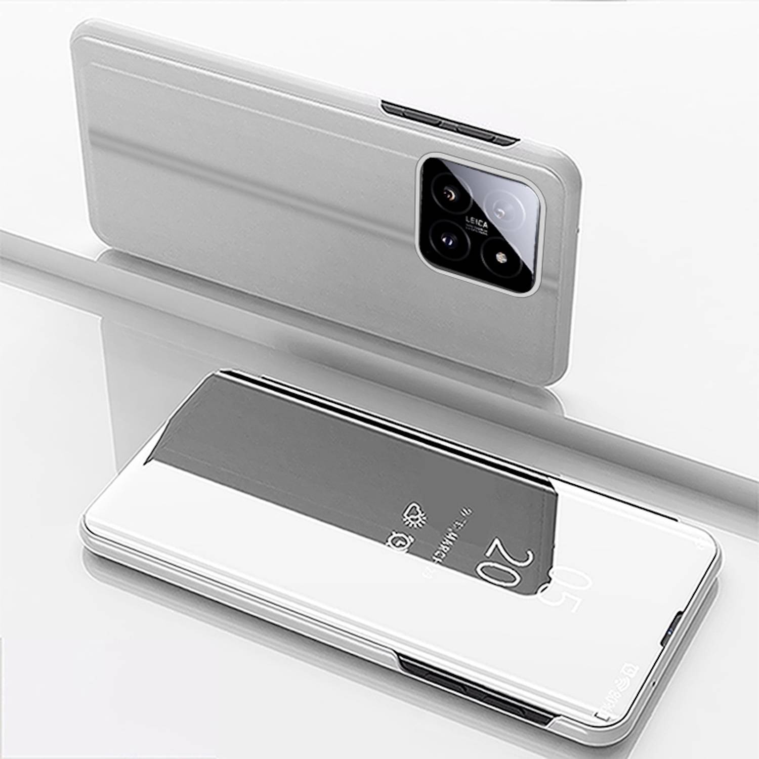 Für Xiaomi 14 Pro View Spiegel Handy Smart Cover Wake UP Funktion Case Silber