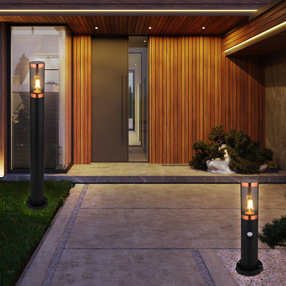 Wegeleuchte mit Bewegungsmelder Gartenlampe Außenstehleuchte Standleuchte Edelstahl, Kupferakzent schwarz rauch,E27, 2er Set