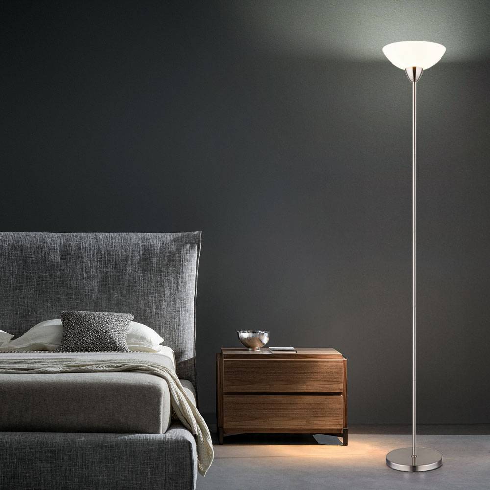 Stehleuchte nickel matt Deckenfluter Glasschirm opal Stehlampe Wohnzimmerleuchte, Metall, Fernbedienung dimmbar, RGB LED 8,5W 806Lm wamrweiß, DxH