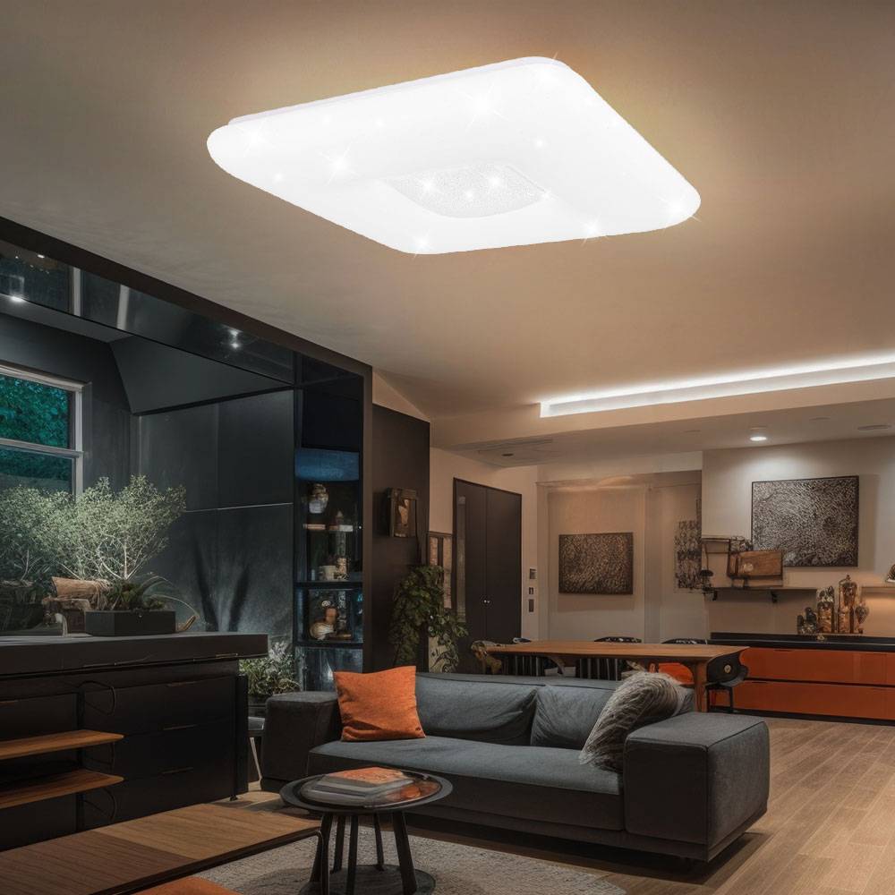Smart Deckenleuchte mit Fernbedienung Deckenlampe Sterneneffekt dimmbar Tageslichtleuchte Kristalle, App Sprachsteuerung, CCT, 1x LED 48W 1x RGB 6W