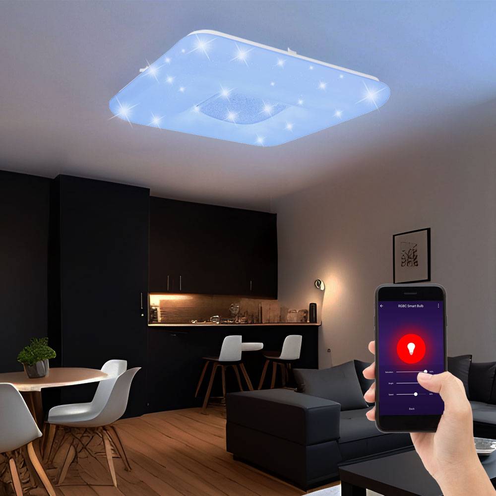 Smart Deckenleuchte mit Fernbedienung Deckenlampe Sterneneffekt dimmbar Tageslichtleuchte Kristalle, App Sprachsteuerung, CCT, 1x LED 48W 1x RGB 6W