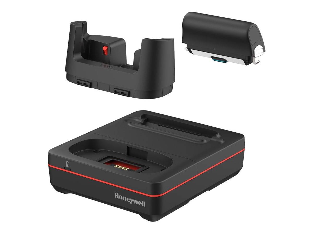 Honeywell-Barcode-Scanner-Ladedock mit austauschbarem Batteriepaket und tragbaren Scanner-Wiege-Komponenten auf weißem Hintergrund