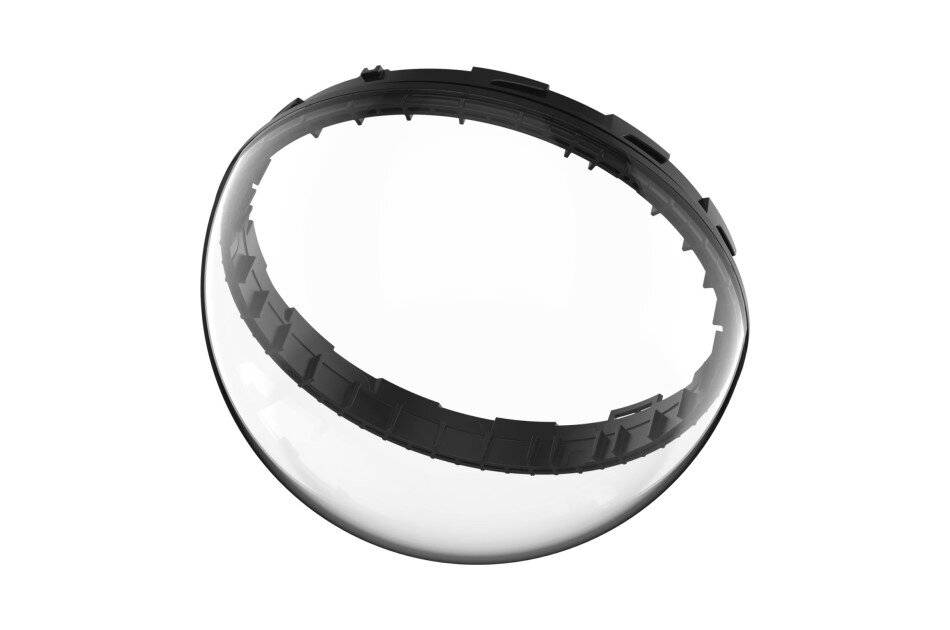 Transparenter kugelförmiger Gegenstand mit einem schwarzen Ring oben herum, gezeigt auf weißem Hintergrund