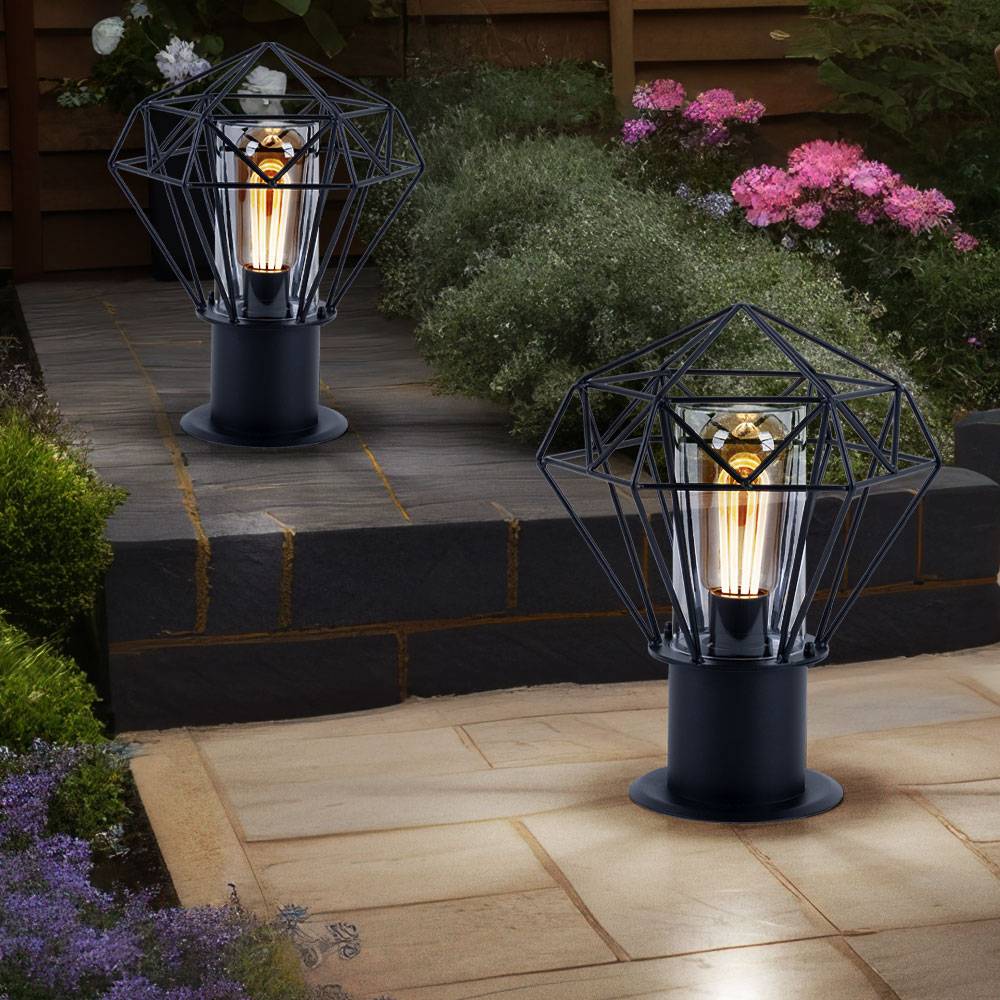 Sockelleuchte Außen Standleuchte Garten schwarz Außenstandleuchte Edelstahl, Industrial Design Gitterschirm, 1x E27, H 31,5 cm