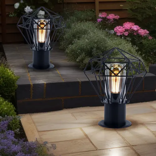 Sockelleuchte Außen Standleuchte Garten schwarz Außenstandleuchte Edelstahl, Industrial Design Gitterschirm, 1x E27, H 31,5 cm Sockelleuchte Außen Standleuchte Garten schwarz Außenstandleuchte Edelstahl, Industrial Design Gitterschirm, 1x E27, H 31,5 cm