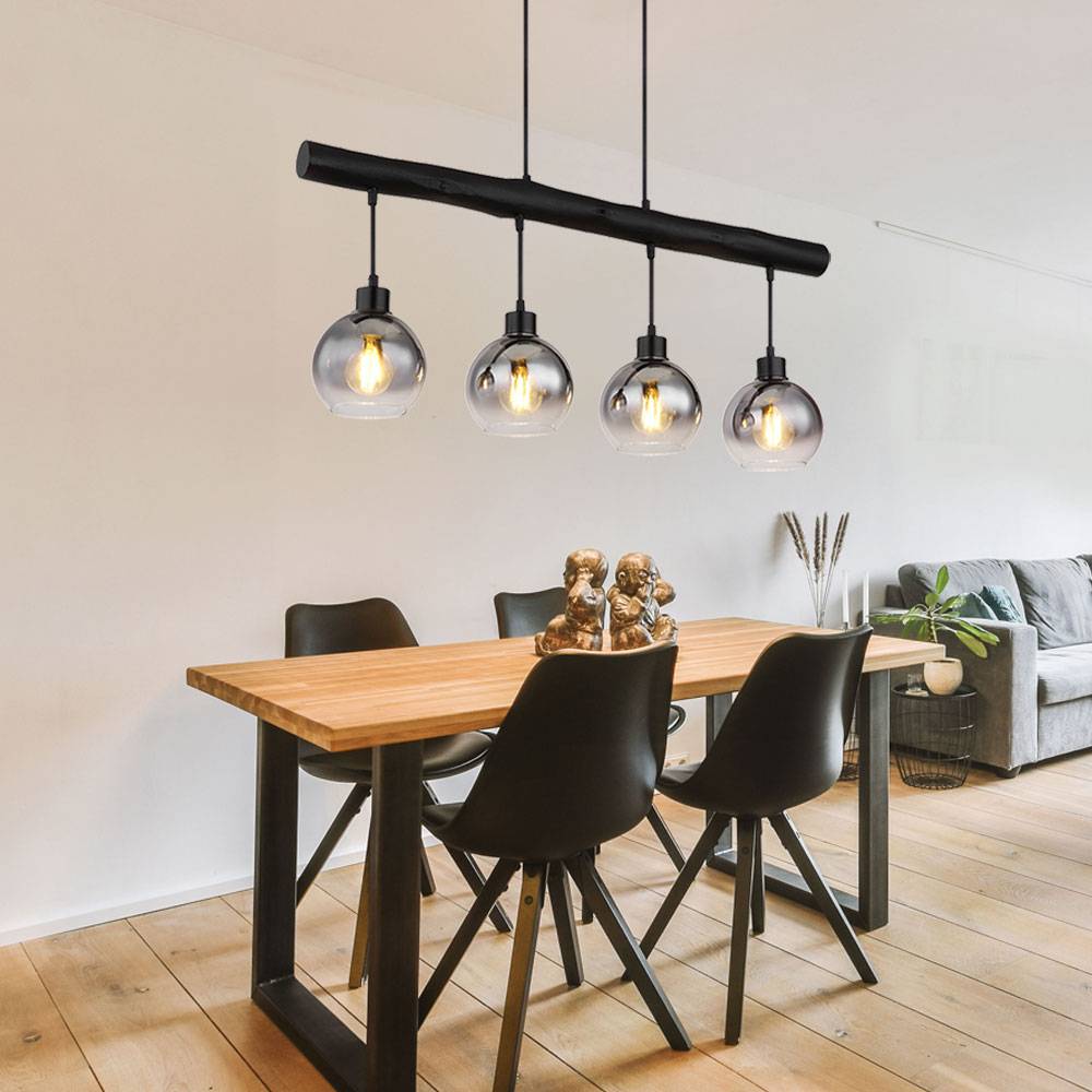 Hängelampe Holzbalken Hängeleuchte Retro Holz Esszimmerlampe Pendelleuchte 4 flammig, schwarz, Glas rauch, 4x E27, LxBxH 85x15x120 cm