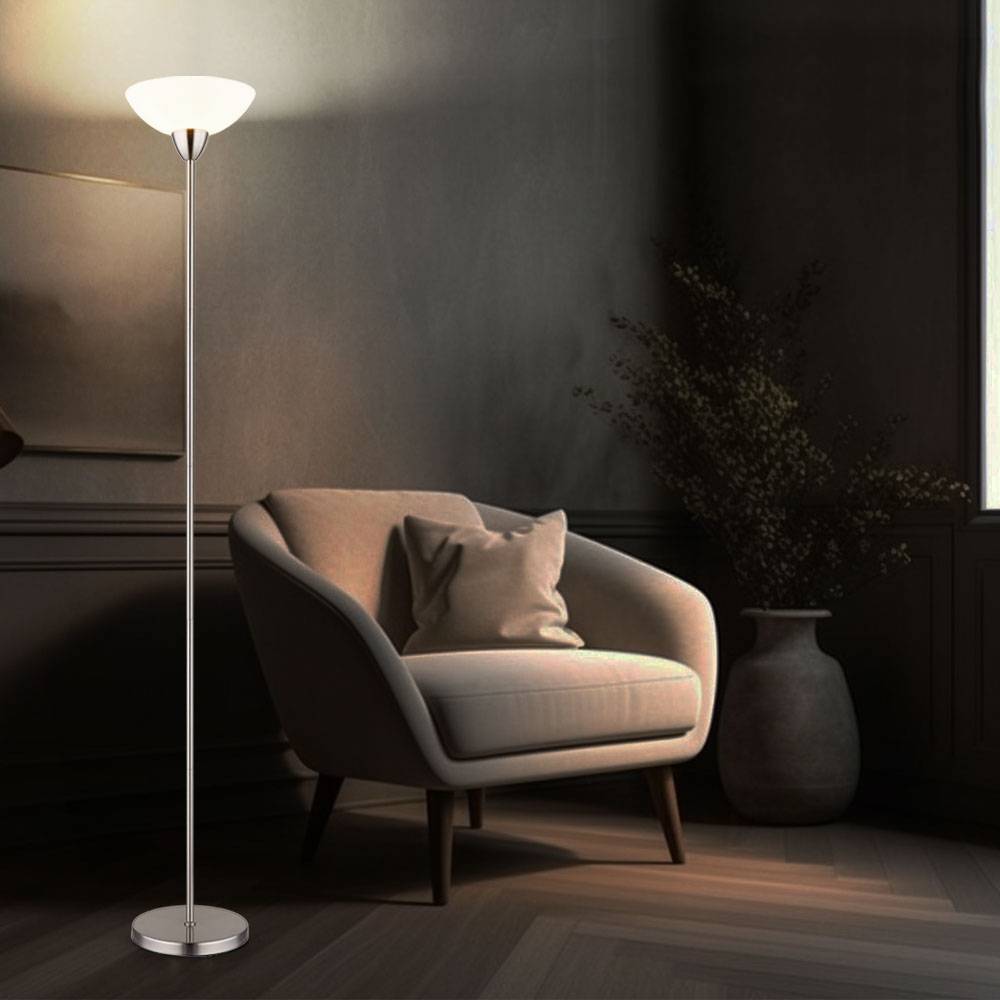 Stehleuchte nickel matt Deckenfluter Glasschirm opal Stehlampe Wohnzimmerleuchte, Metall, App Steuerung CCT dimmbar, Smart RGB LED 8,5W 806Lm, DxH
