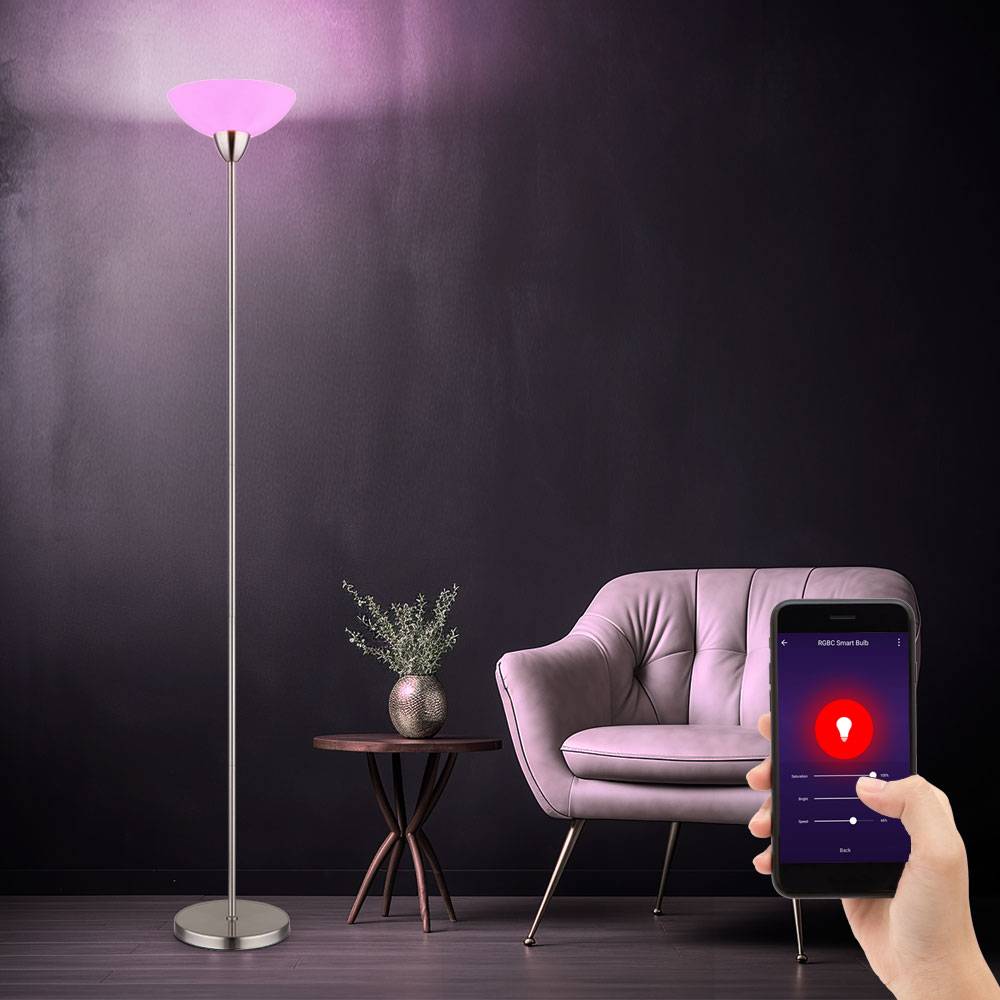 Stehleuchte nickel matt Deckenfluter Glasschirm opal Stehlampe Wohnzimmerleuchte, Metall, App Steuerung CCT dimmbar, Smart RGB LED 8,5W 806Lm, DxH