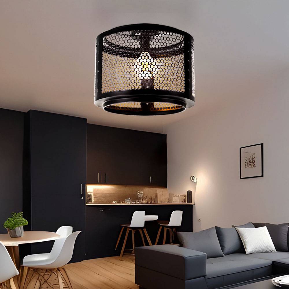 Deckenleuchte Deckenlampe Wohnzimmerleuchte schwarz gold Retrolampe Esstischleuchte, Gitterschirm Metall rund, 1x E27 Fassung, DxH 40x34 cm