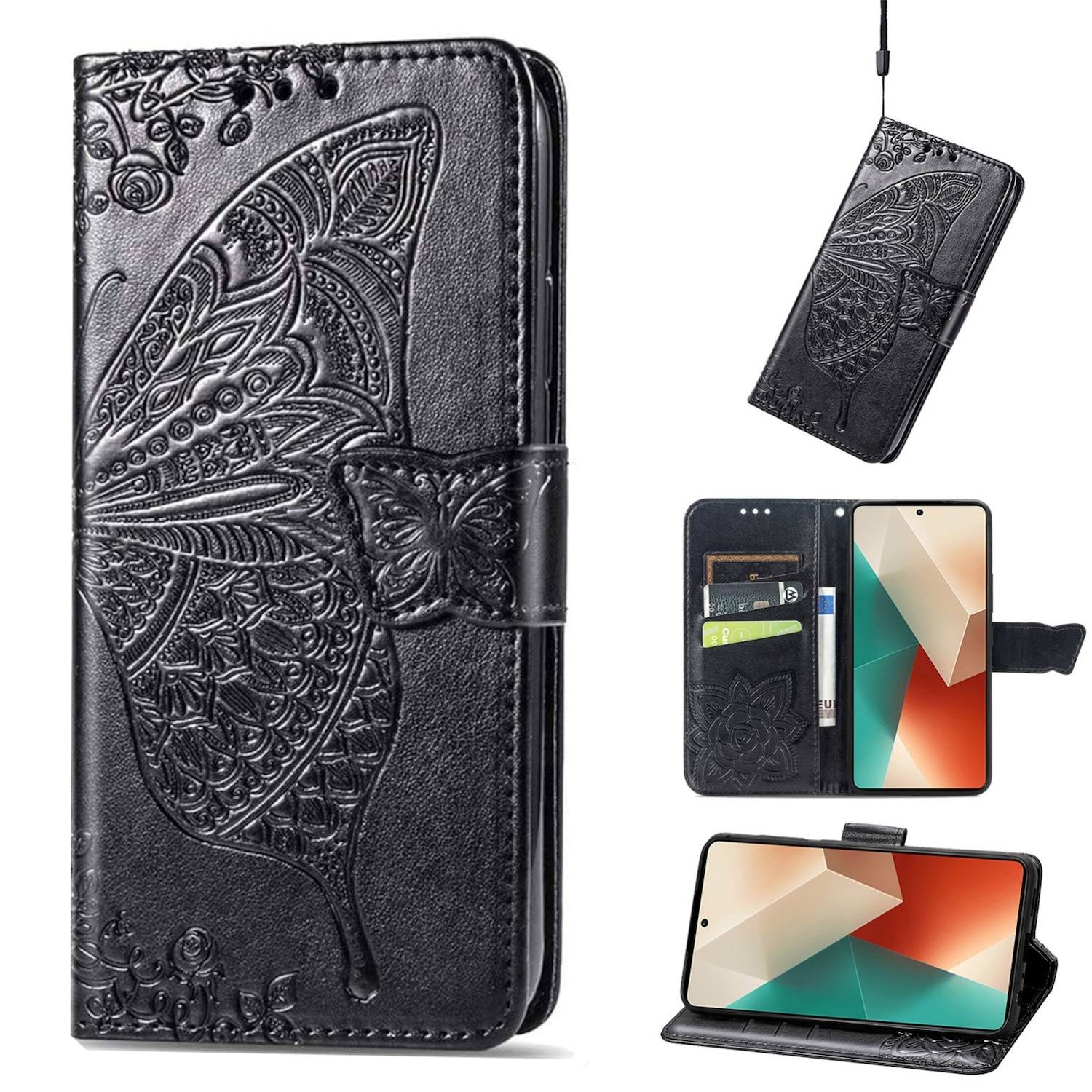 Für Xiaomi Poco M6 Pro 4G / Redmi Note 13 Pro 4G Kunstleder Wallet Handy Tasche Schmetterling Design Hülle Etuis Schwarz