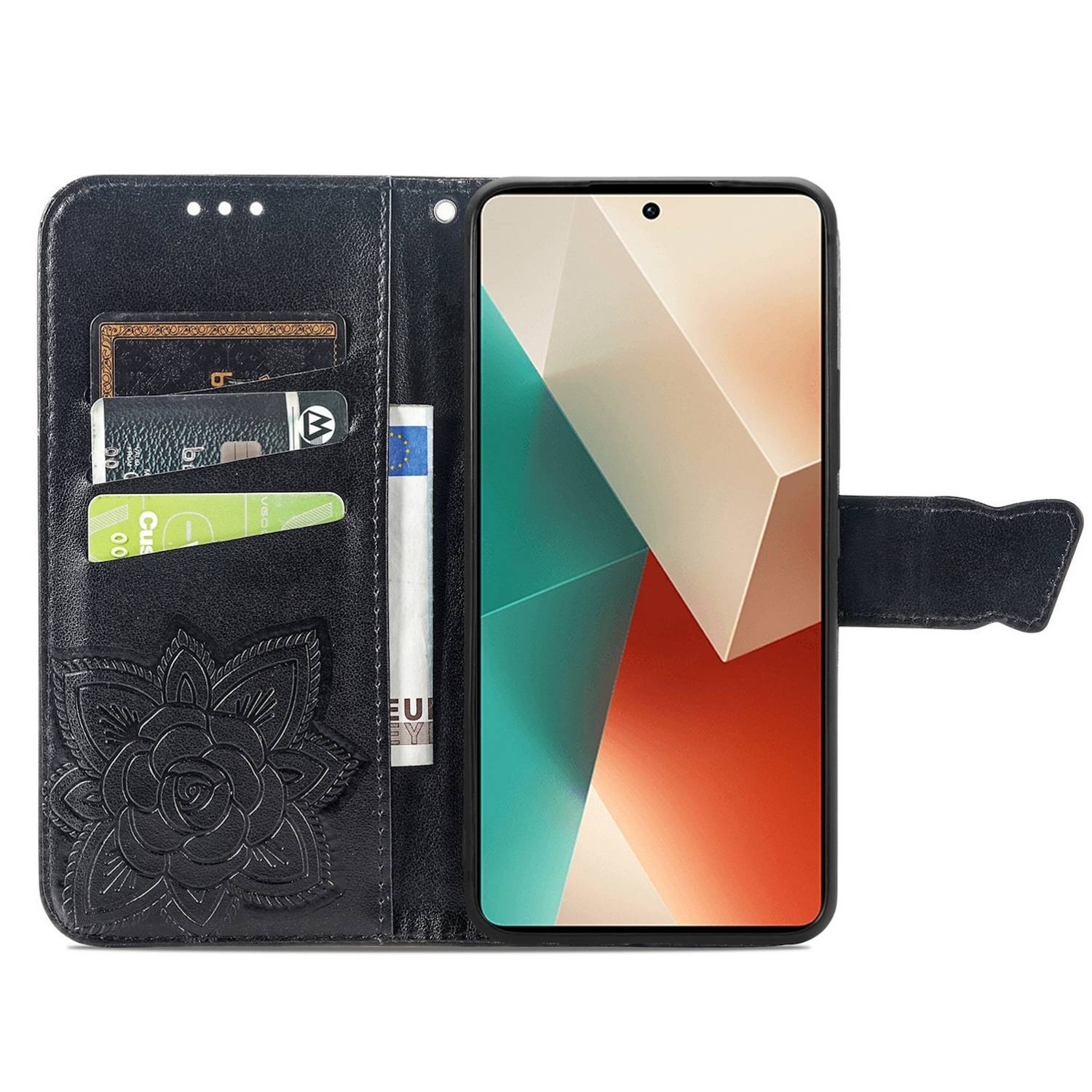 Für Xiaomi Poco M6 Pro 4G / Redmi Note 13 Pro 4G Kunstleder Wallet Handy Tasche Schmetterling Design Hülle Etuis Schwarz