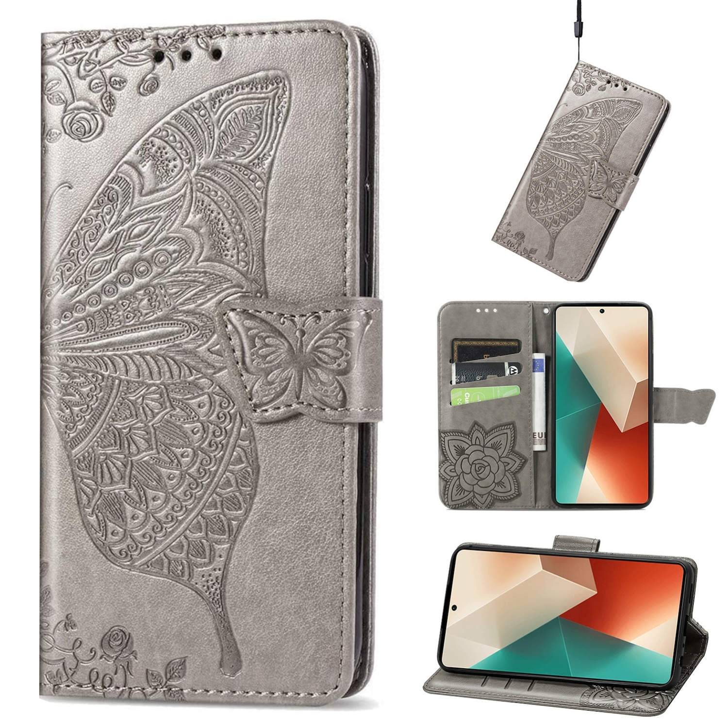 Für Xiaomi Poco M6 Pro 4G / Redmi Note 13 Pro 4G Kunstleder Wallet Handy Tasche Schmetterling Design Hülle Etuis Grau