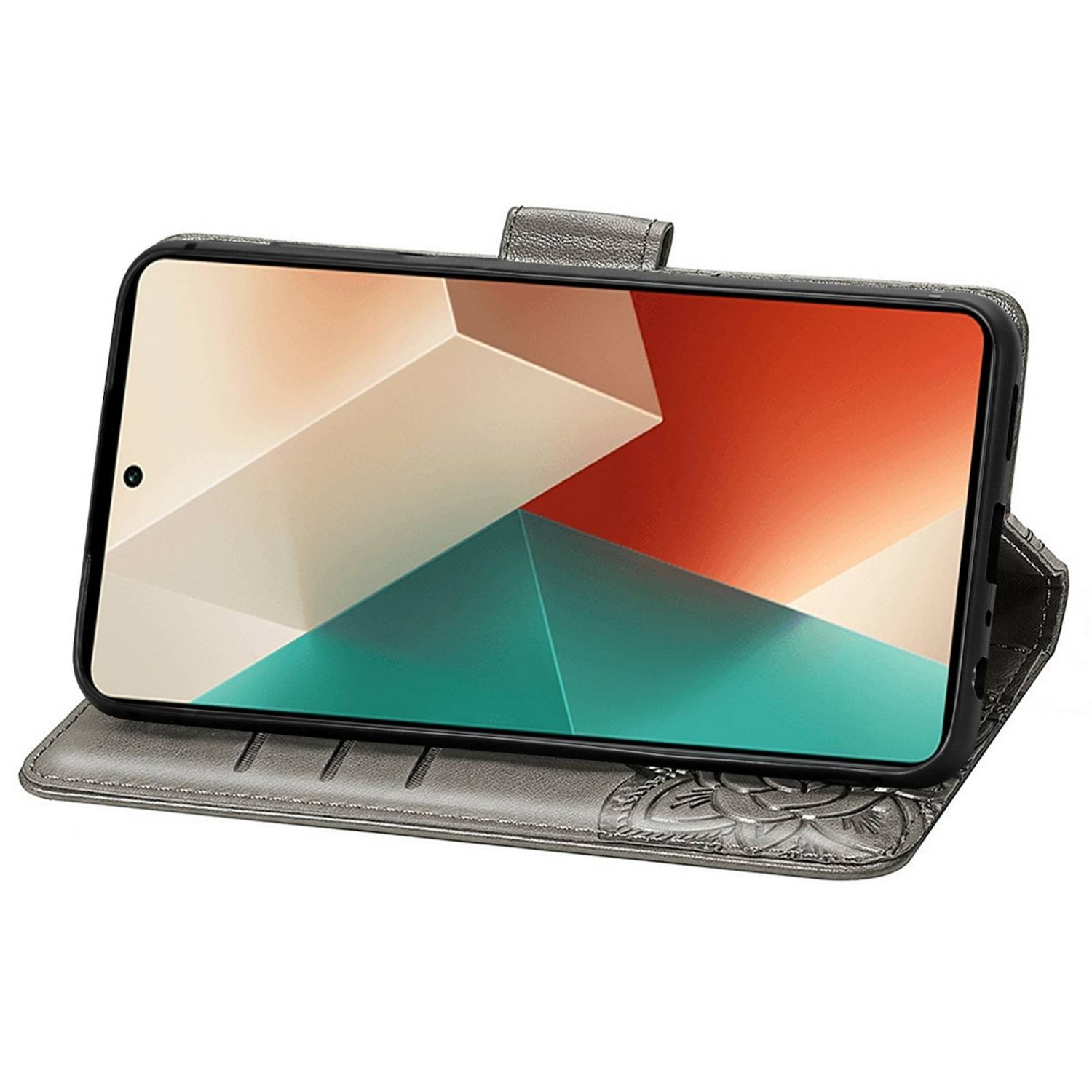 Für Xiaomi Poco M6 Pro 4G / Redmi Note 13 Pro 4G Kunstleder Wallet Handy Tasche Schmetterling Design Hülle Etuis Grau