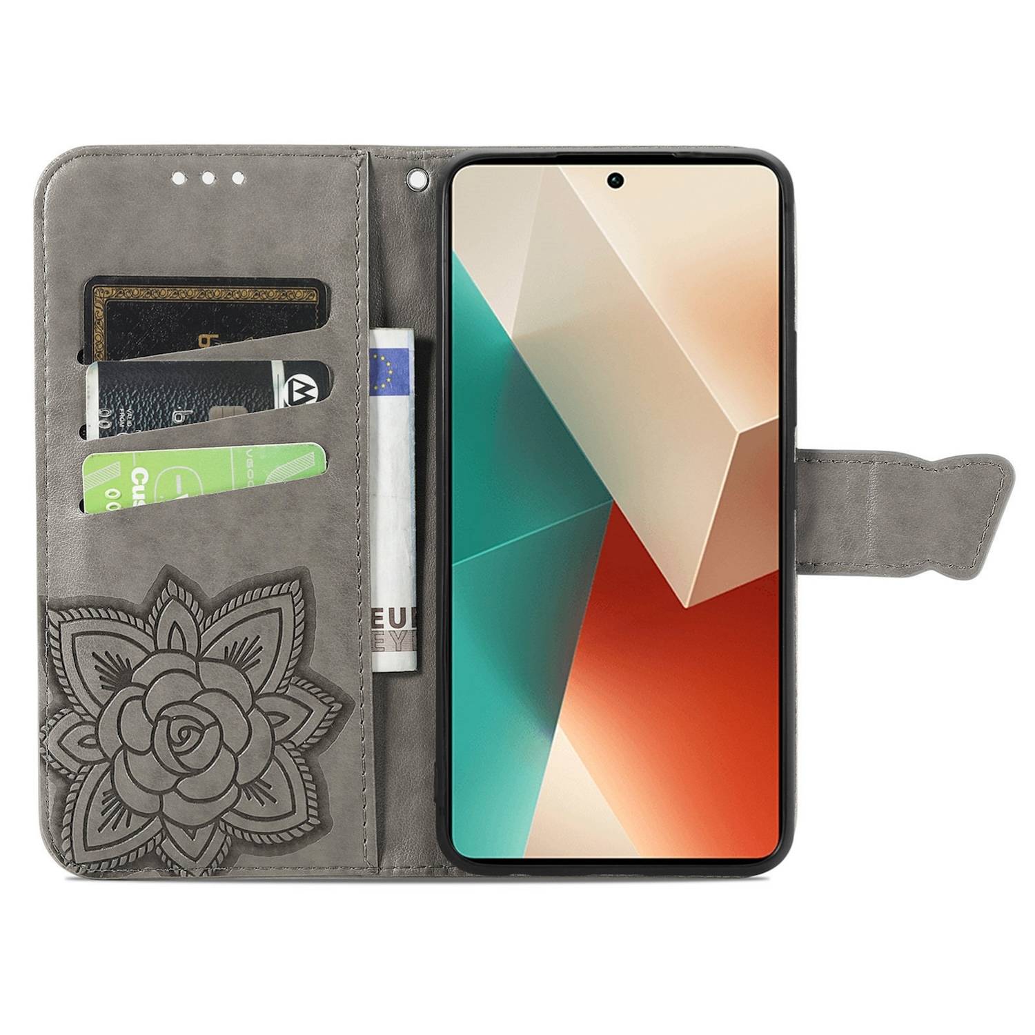 Für Xiaomi Poco M6 Pro 4G / Redmi Note 13 Pro 4G Kunstleder Wallet Handy Tasche Schmetterling Design Hülle Etuis Grau