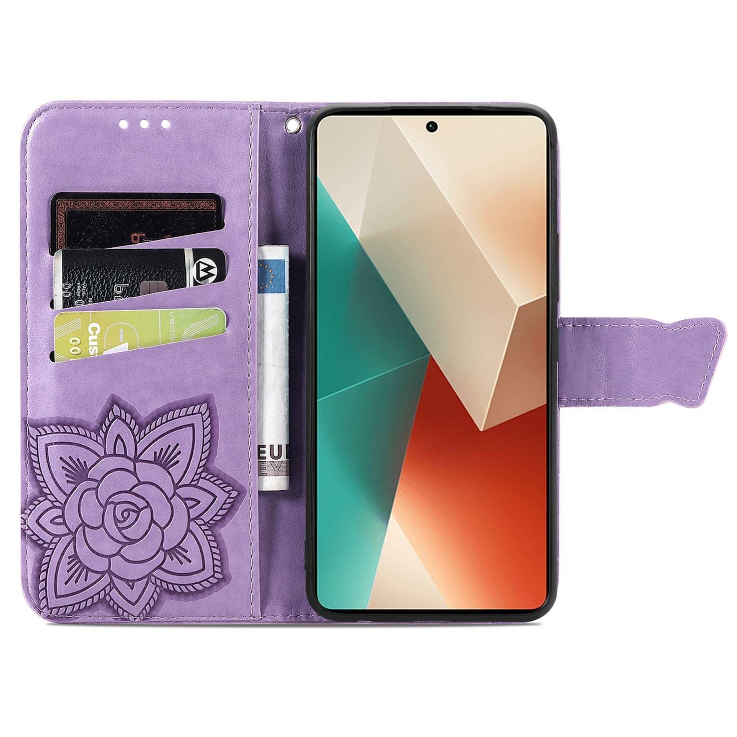 Für Xiaomi Poco M6 Pro 4G / Redmi Note 13 Pro 4G Kunstleder Wallet Handy Tasche Schmetterling Design Schutz Hülle Hell-Lila