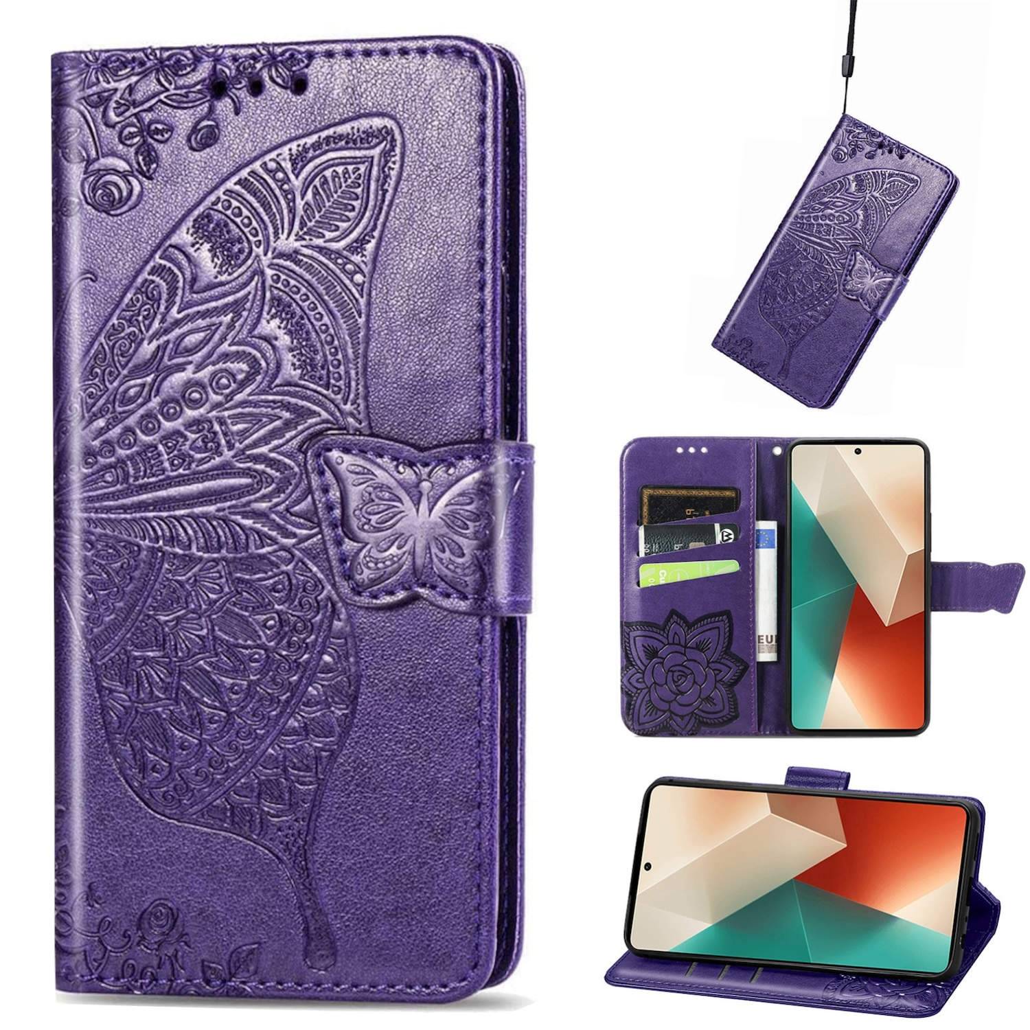 Für Xiaomi Poco M6 Pro 4G / Redmi Note 13 Pro 4G Kunstleder Wallet Handy Tasche Schmetterling Design Schutz Hülle Lila