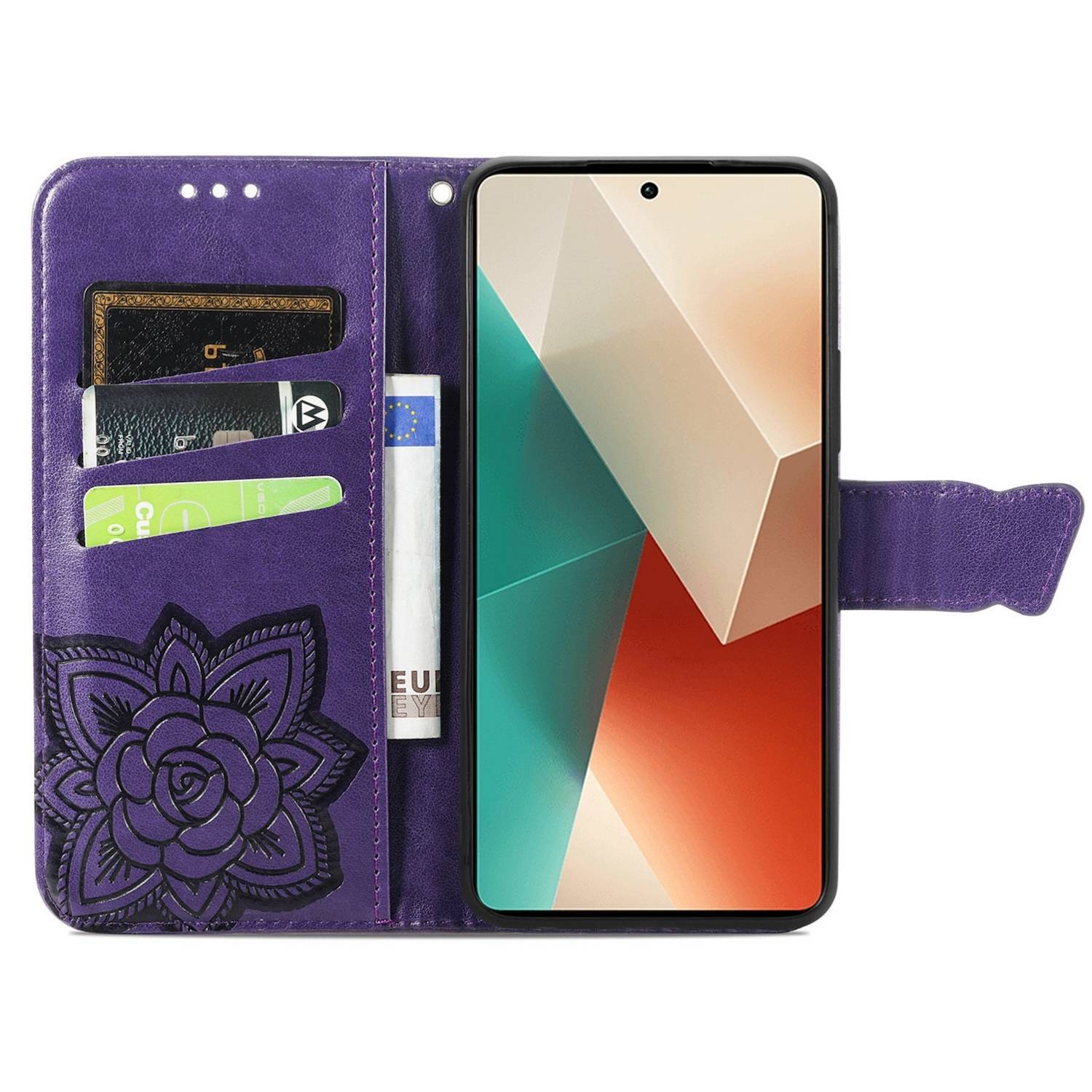 Für Xiaomi Poco M6 Pro 4G / Redmi Note 13 Pro 4G Kunstleder Wallet Handy Tasche Schmetterling Design Schutz Hülle Lila