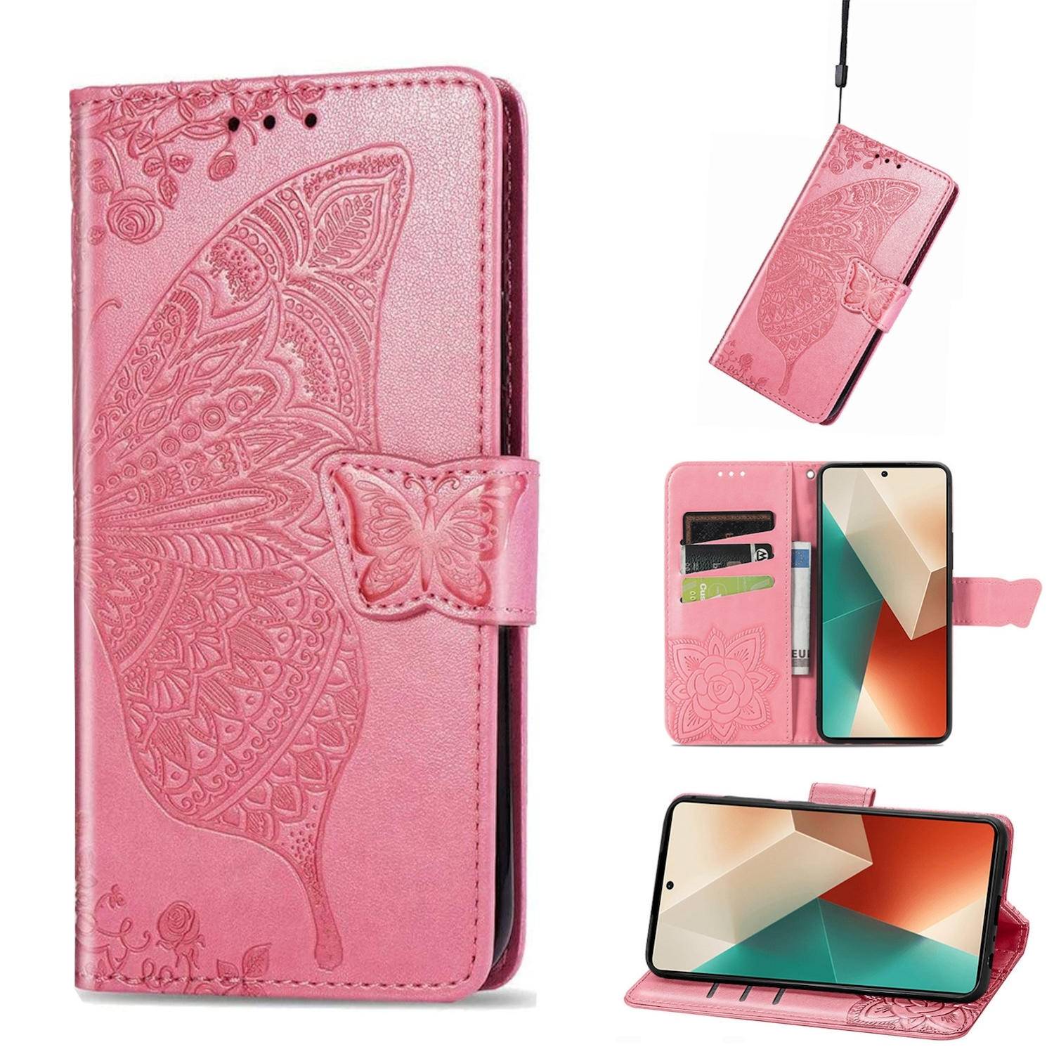 Für Xiaomi Poco M6 Pro 4G / Redmi Note 13 Pro 4G Kunstleder Wallet Handy Tasche Schmetterling Design Schutz Hülle Pink