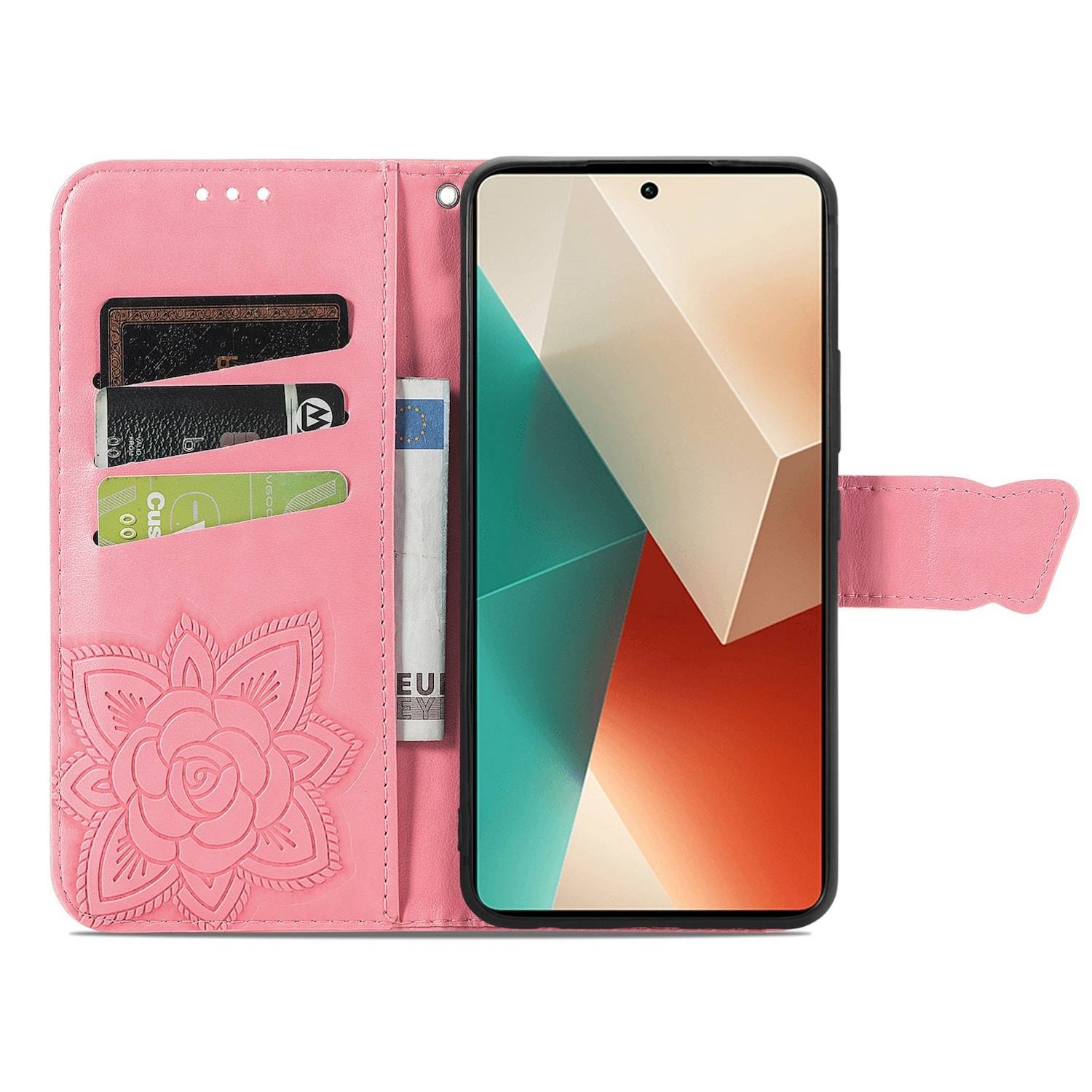 Für Xiaomi Poco M6 Pro 4G / Redmi Note 13 Pro 4G Kunstleder Wallet Handy Tasche Schmetterling Design Schutz Hülle Pink