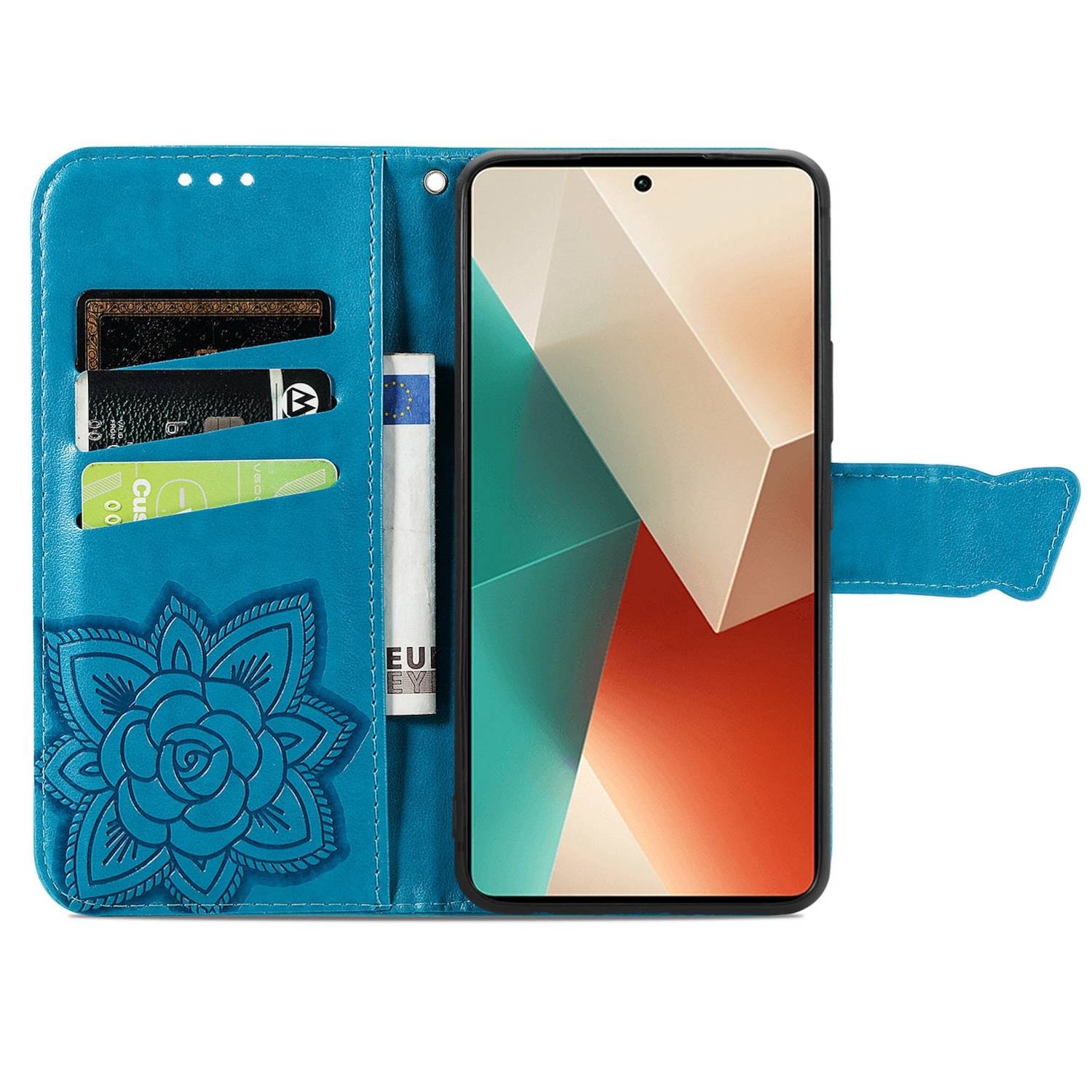 Für Xiaomi Poco M6 Pro 4G / Redmi Note 13 Pro 4G Kunstleder Wallet Handy Tasche Schmetterling Design Schutz Hülle Blau