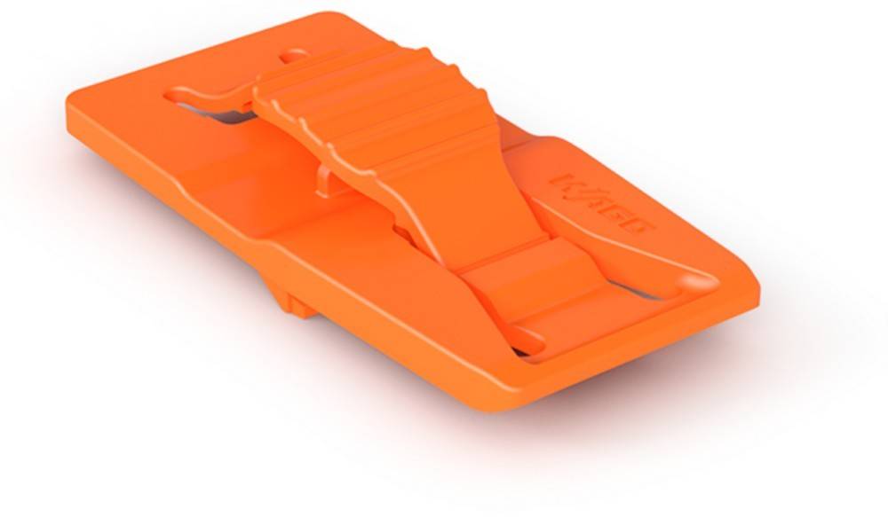 Ein orangefarbener Montageträger mit verstellbarem Befestigungsgriff, konzipiert für die sichere Befestigung eines Geräts oder einer Komponente.