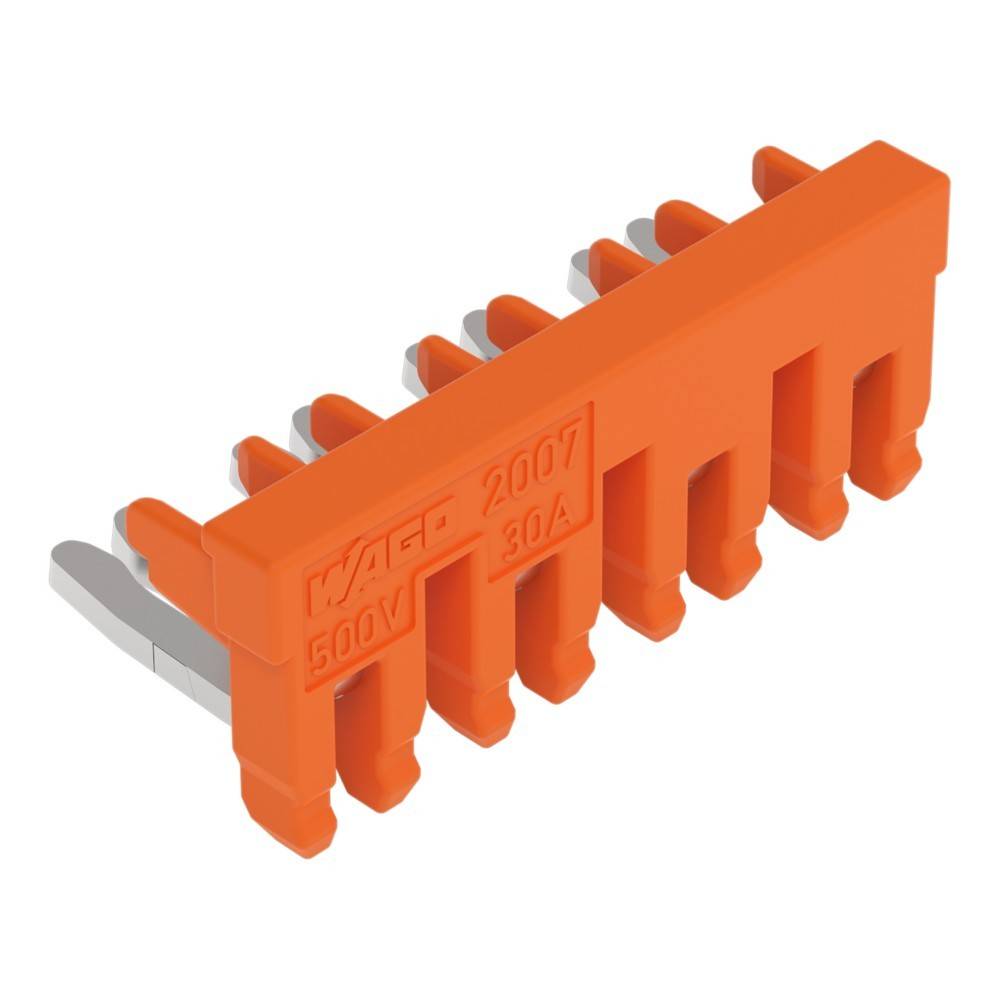 WAGO 500V 2007 30A' orangefarbener Elektrostecker mit mehreren Anschlüssen und Metallstiften, verwendet für Kabelverbindungen in elektrischen Installationen.
