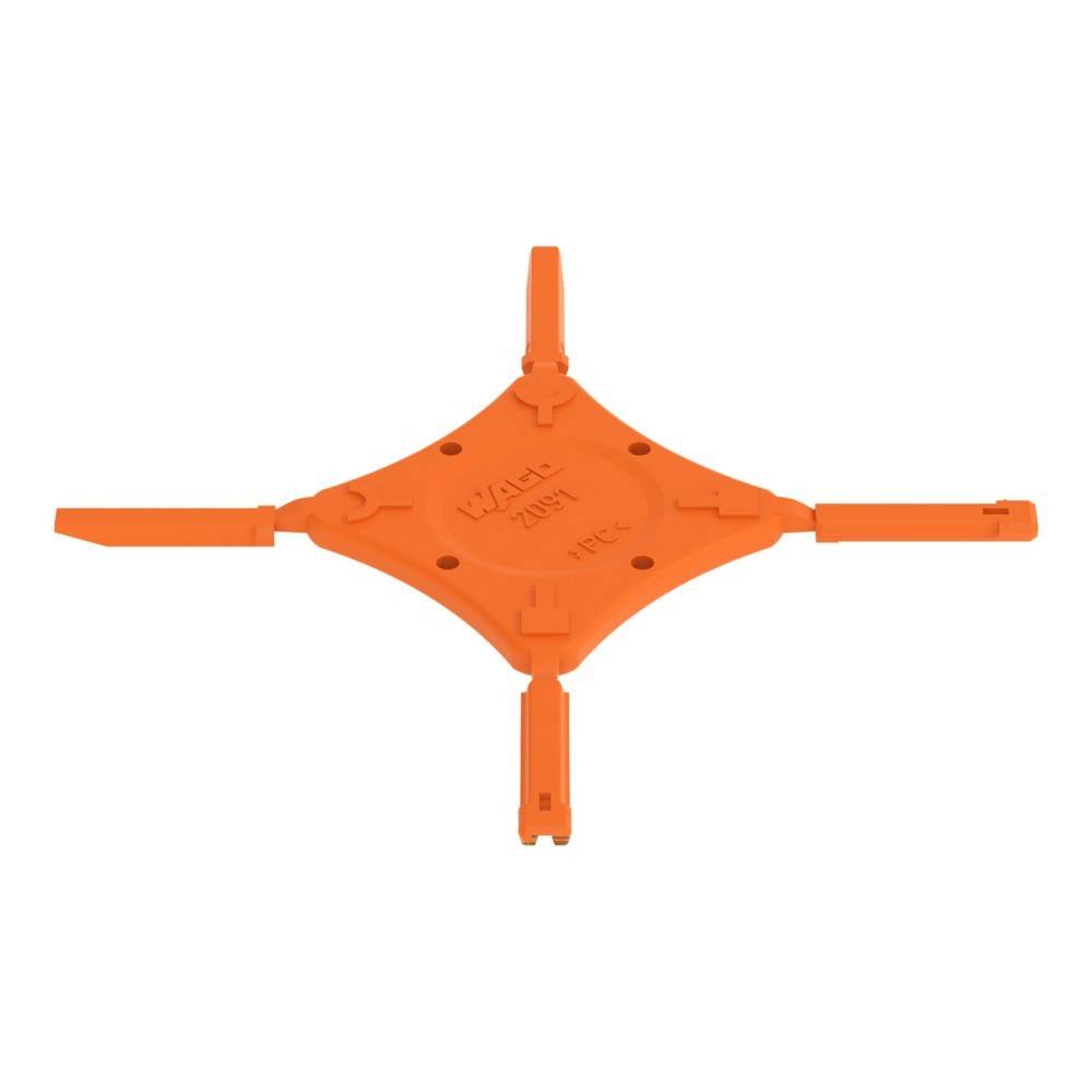 Ein orangefarbenes X-förmiges Kunststoffwerkzeug mit einem zentralen kreisförmigen Bereich, das für Bauausrichtung oder Abstände verwendet wird.