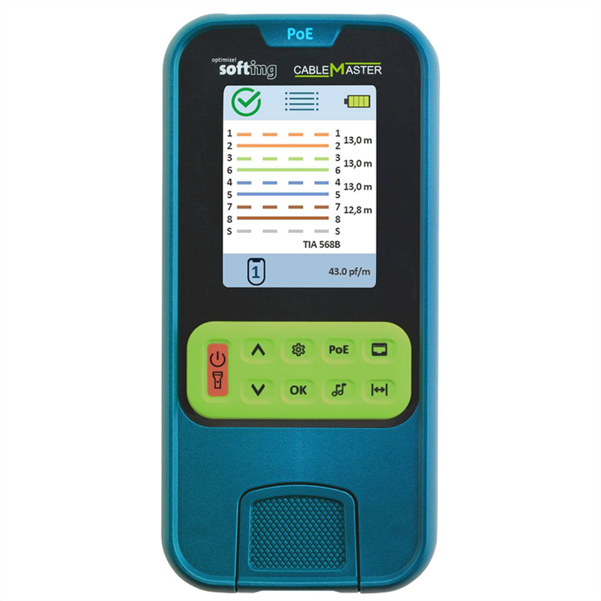 SOFTING CableMaster PoE, Verdrahtungs- und PoE++ Tester, Handlicher Verdrahtungstester mit integrierter Längenmessung u