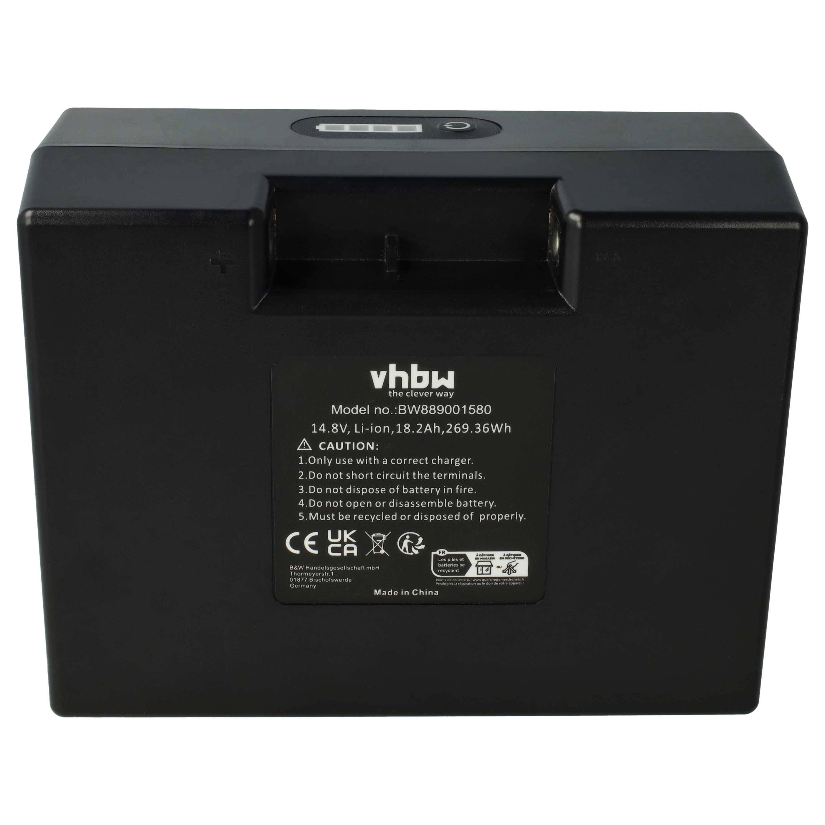 Ein schwarzer vhbw Lithium-Ionen-Akku, Modell Nr. BVBW89001580, 14,8V, 18,2Ah, 269,36Wh, mit Warnaufkleber und CE-Kennzeichnungen.
