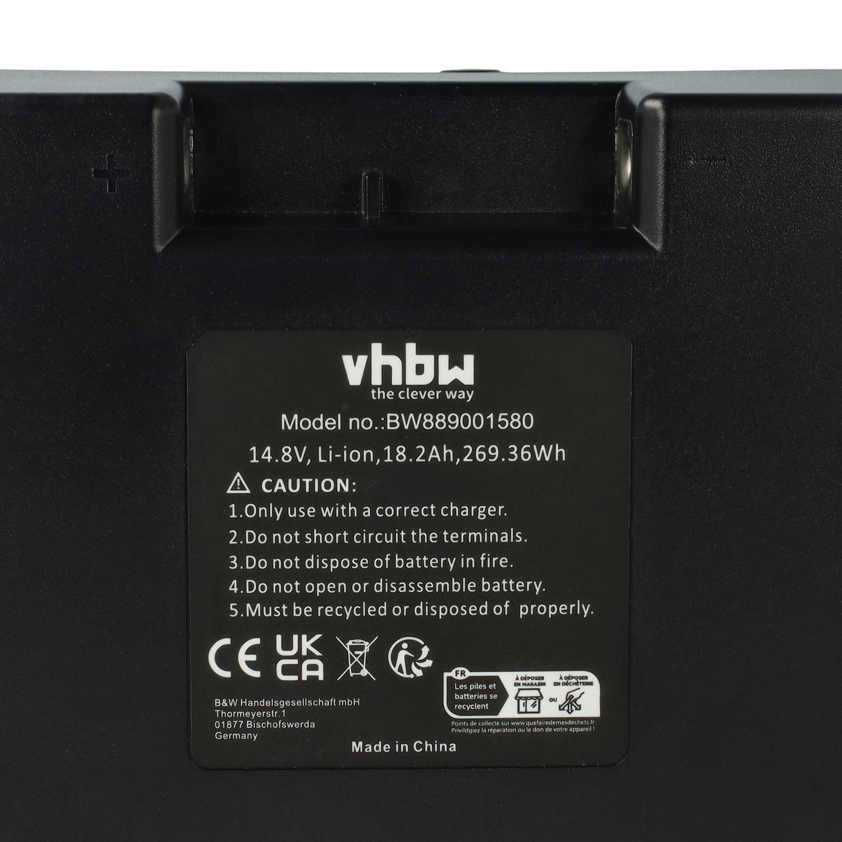 vhbw Wiederaufladbare Batterie, Modellnummer: BW889001580, 14,8V, 18,2Ah, 269,36Wh. Warnhinweise beinhalten ordnungsgemäße Entsorgung und Handhabung.