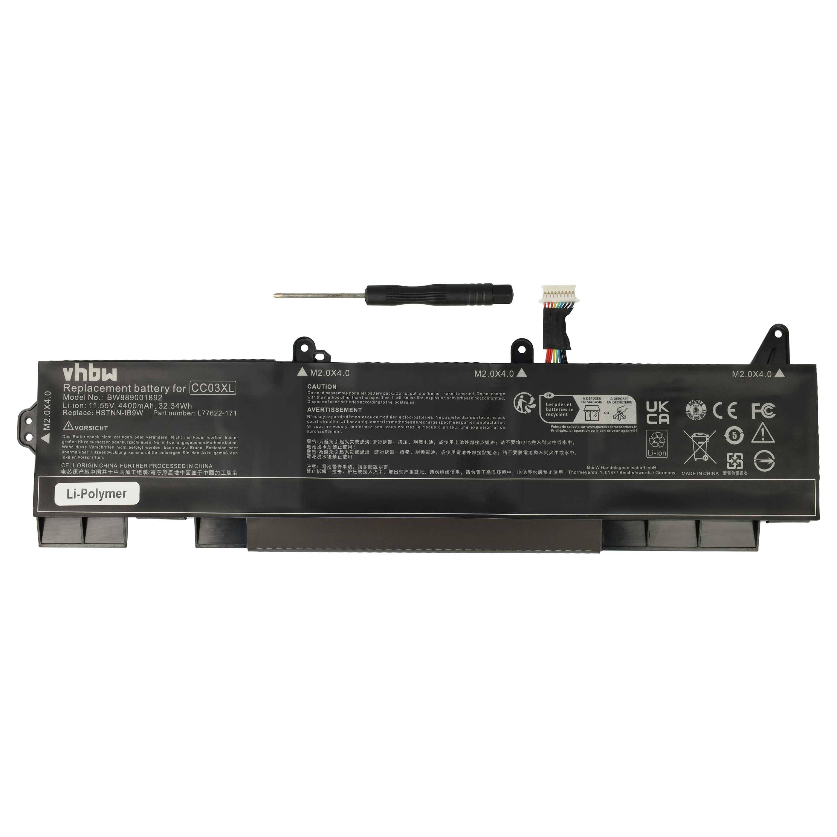 vhbw 1x Akku Ersatz für HP CC03XL (Typ B), HSTNN-DB9O, CC03056XL-PL, CC03056XL für Notebook (4400 mAh, 11,55 V, Li-Polymer)