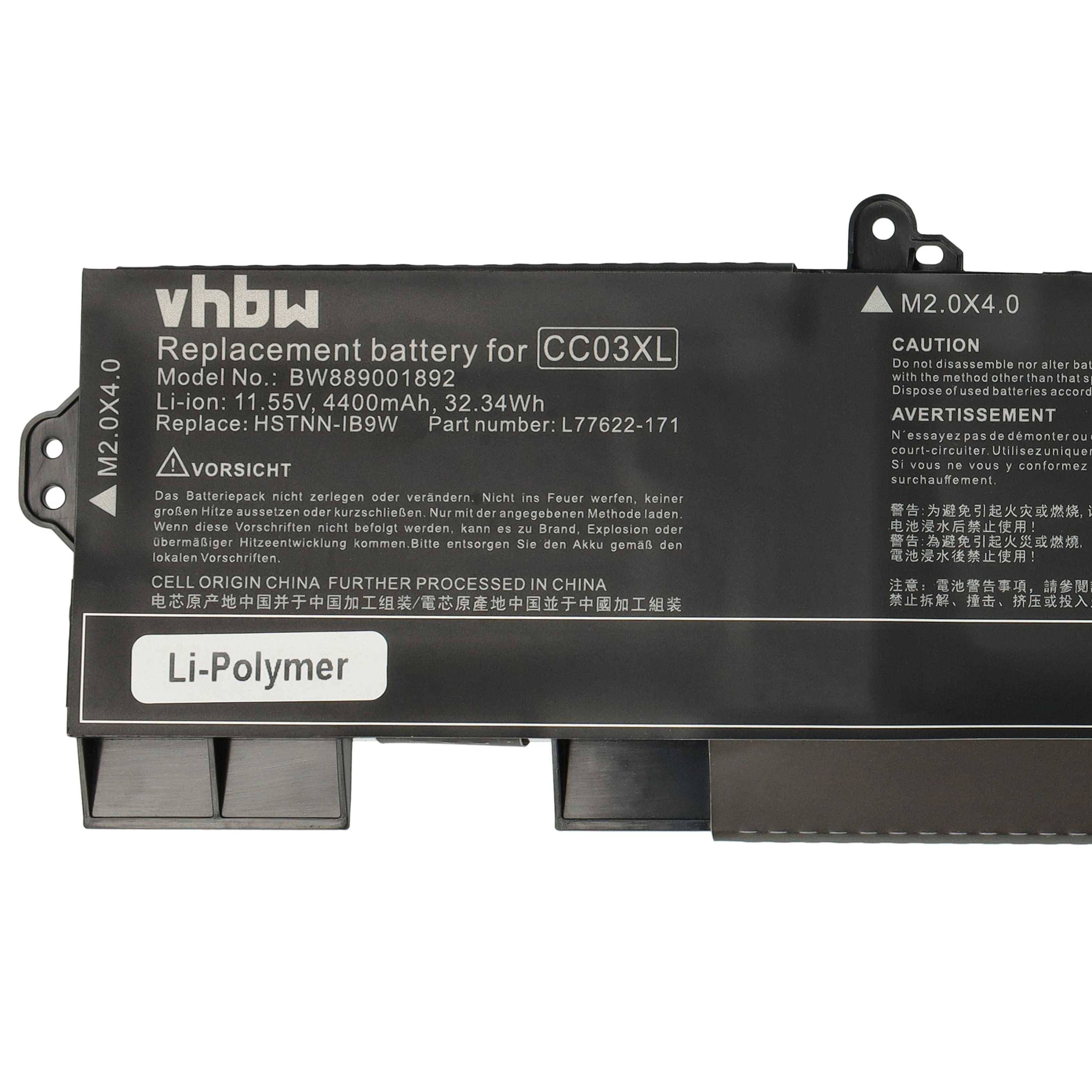 vhbw 1x Akku Ersatz für HP CC03XL (Typ B), HSTNN-DB9O, CC03056XL-PL, CC03056XL für Notebook (4400 mAh, 11,55 V, Li-Polymer)
