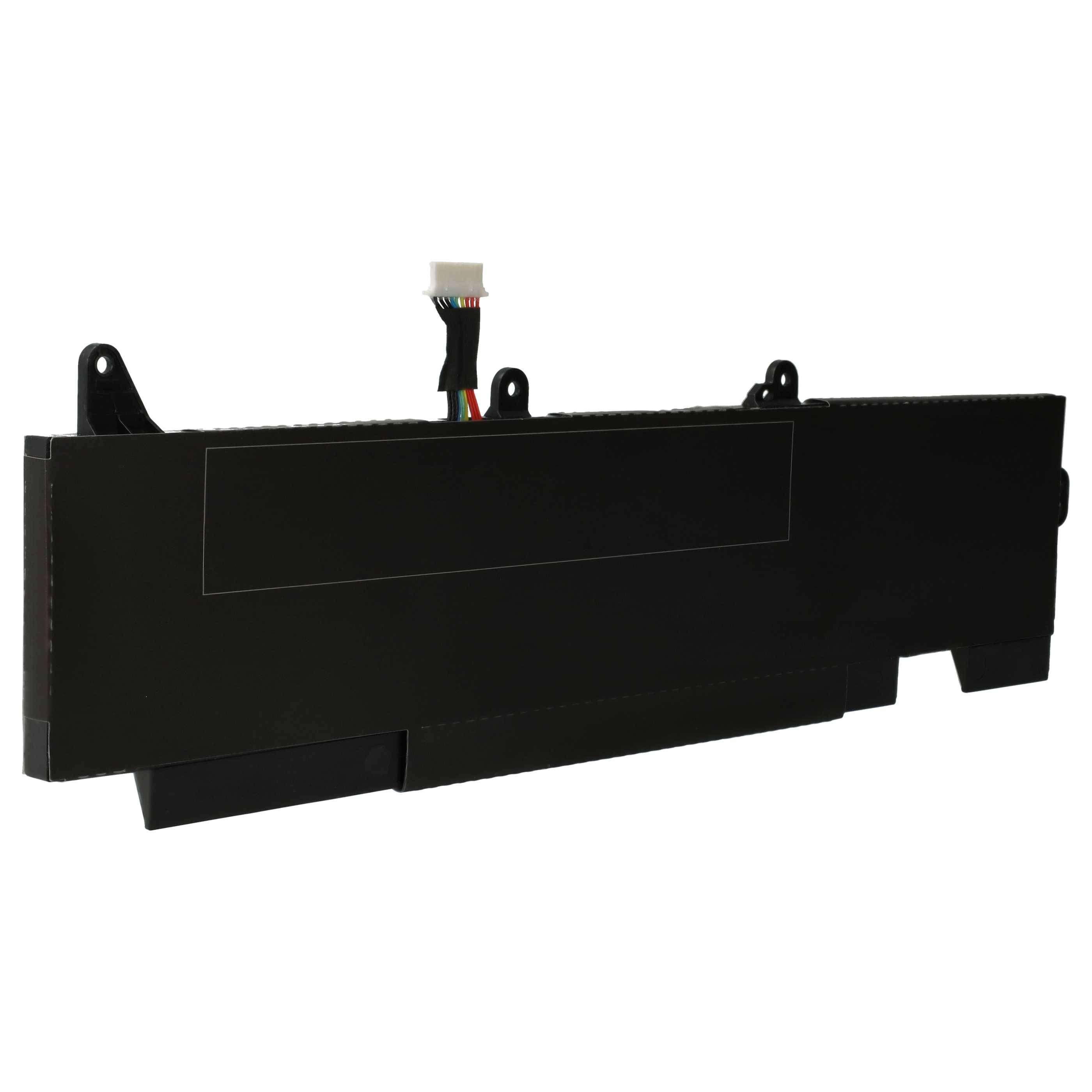 Eine schwarze Lithium-Ionen-Batterie mit Steckverbinder, wird für elektronische Geräte verwendet; rechteckige Form mit Befestigungspunkten oben.